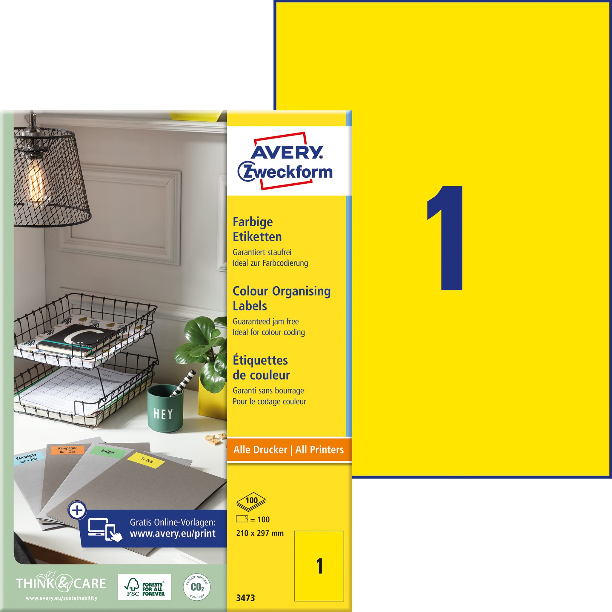 Avery Coloured Labels, Yellow, 210 x 297 mm - printer labels (Yellow, 210 x 297 mm, Self-adhesive printer label, Yellow, A4, Paper, Laser/Inkjet, Rectangle)