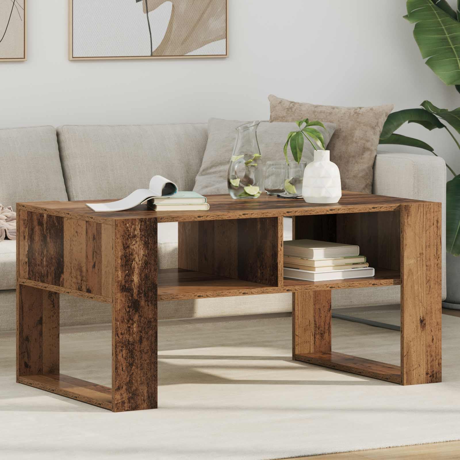 Table basse bois ancien 92x53x45cm avec étagère meuble salon moderne