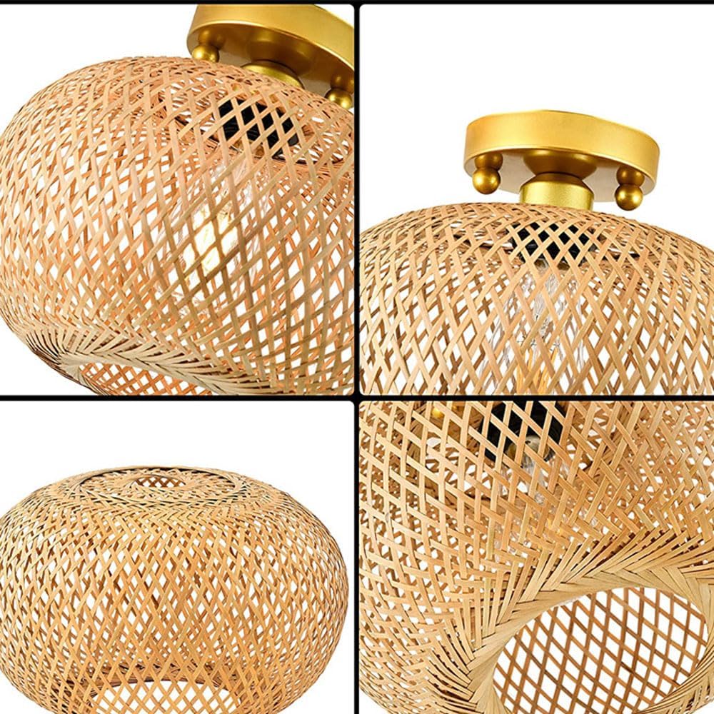 Chinese Style Pastoral Ceiling Light,Bamboo Weaving Close To Ceiling Light Fixtures, Handmade Semi-Recessed Ceiling Chandelier, Easy To Install Lighting Fixture, For Living Room,Bedroom,Kitche