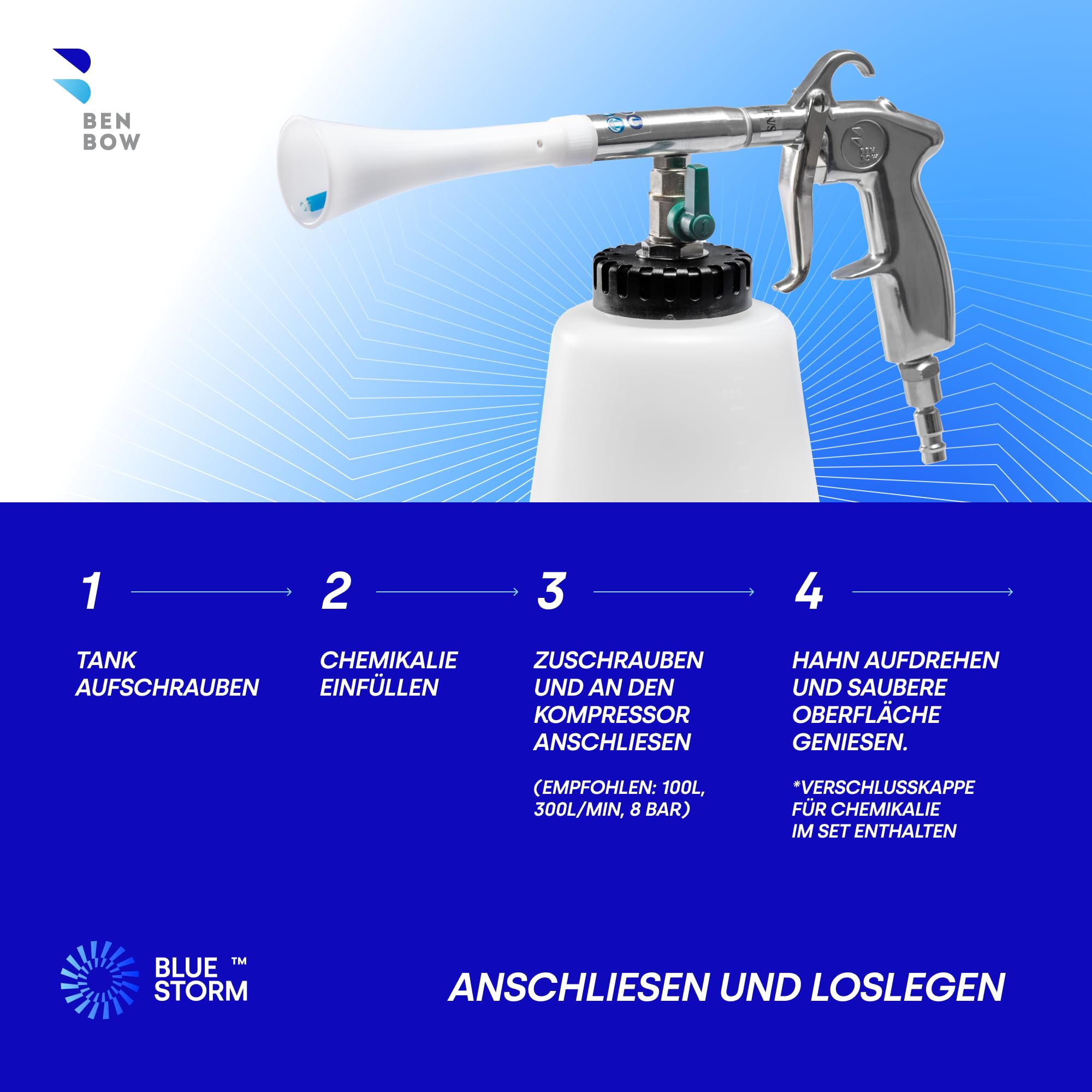 BenBow Druckluft Reinigungspistole PRO Blue Storm – Waschpistole – langlebig und robust – Stecknippel drehbar - berührungslose Reinigung für Auto, LKW, Bus und Polster, auch zum Ausblasen geeignet