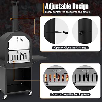 Giantex Pizza Oven Outdoor - Wood Fired Pizza Oven with 2 Side Tables, Pizza Stone, Pizza Peel, Cover, Cooking Grids, Pizza Maker on Wheels for Outside Charcoal Grill Backyard Party Camping