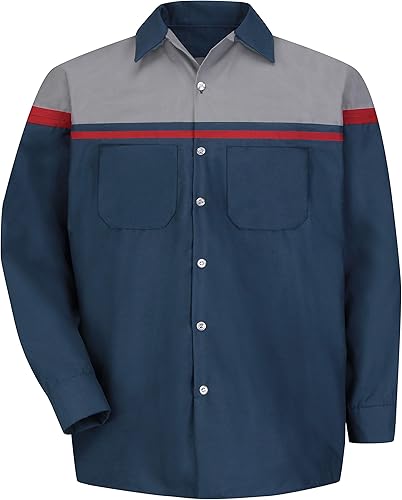 Miniatura 3 de Red Kap Performance Tech - Camisa de manga larga con botones para hombre, azul marinorojogris claro, talla XL de EE. UU, Azul marino rojo gris