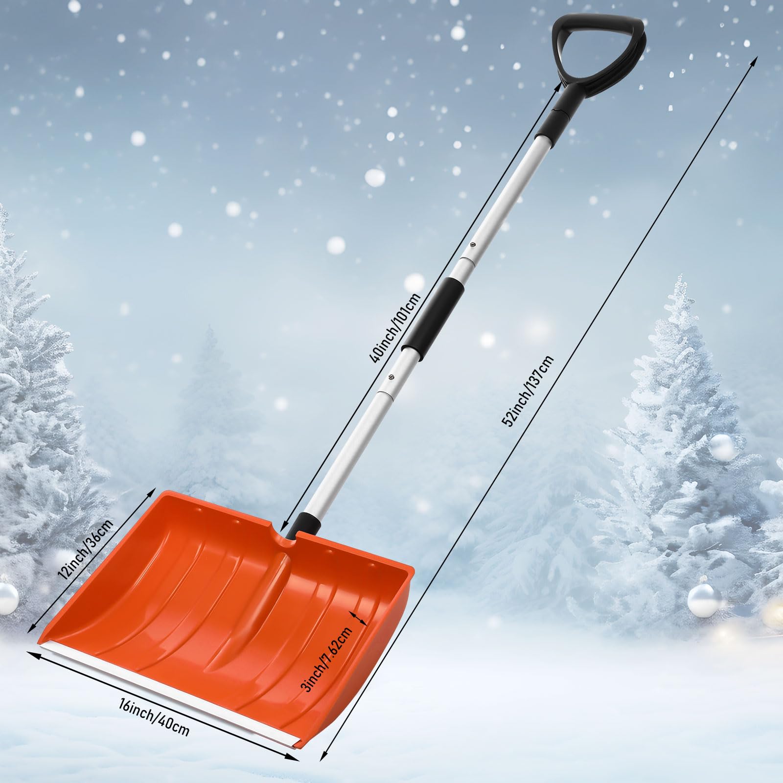 Schneeschaufel für Auffahrt, 40,6 cm breit, tragbar, zusammenklappbar, Metall, große Kapazität, robuste Schaufel mit Aluminium-D-Griff für Zuhause, Garage, Auto, Eis, Schnee, Entfernung,