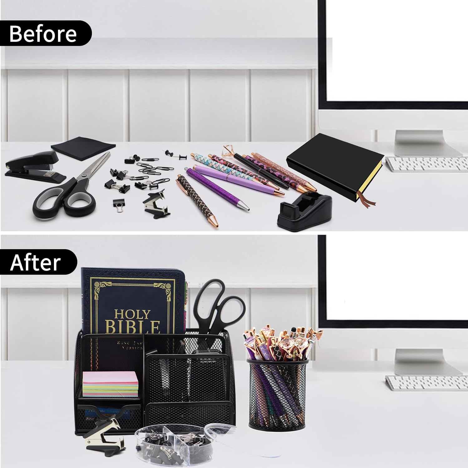 Black Desk Organizers and Accessories,12pcs Office Supplies Set With Pen Holder, Tape Holder, Stapler, Scissors, Ruler, Staple Remover for Office & Study Room, Gift for Coworker