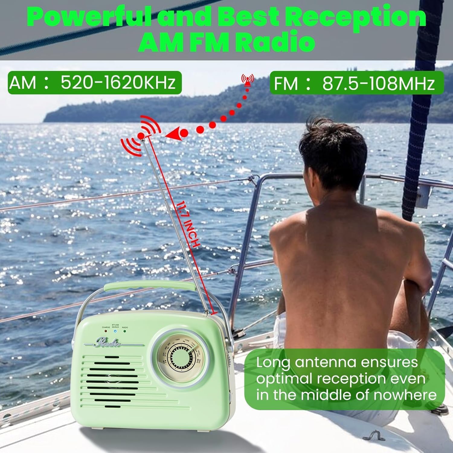 Przenośne radia AM FM, zasilanie bateryjne i ścienne, retro vintage radio z Bluetooth, łatwa w użyciu, duża tarcza, do domu, na zewnątrz, kuchni, zielone