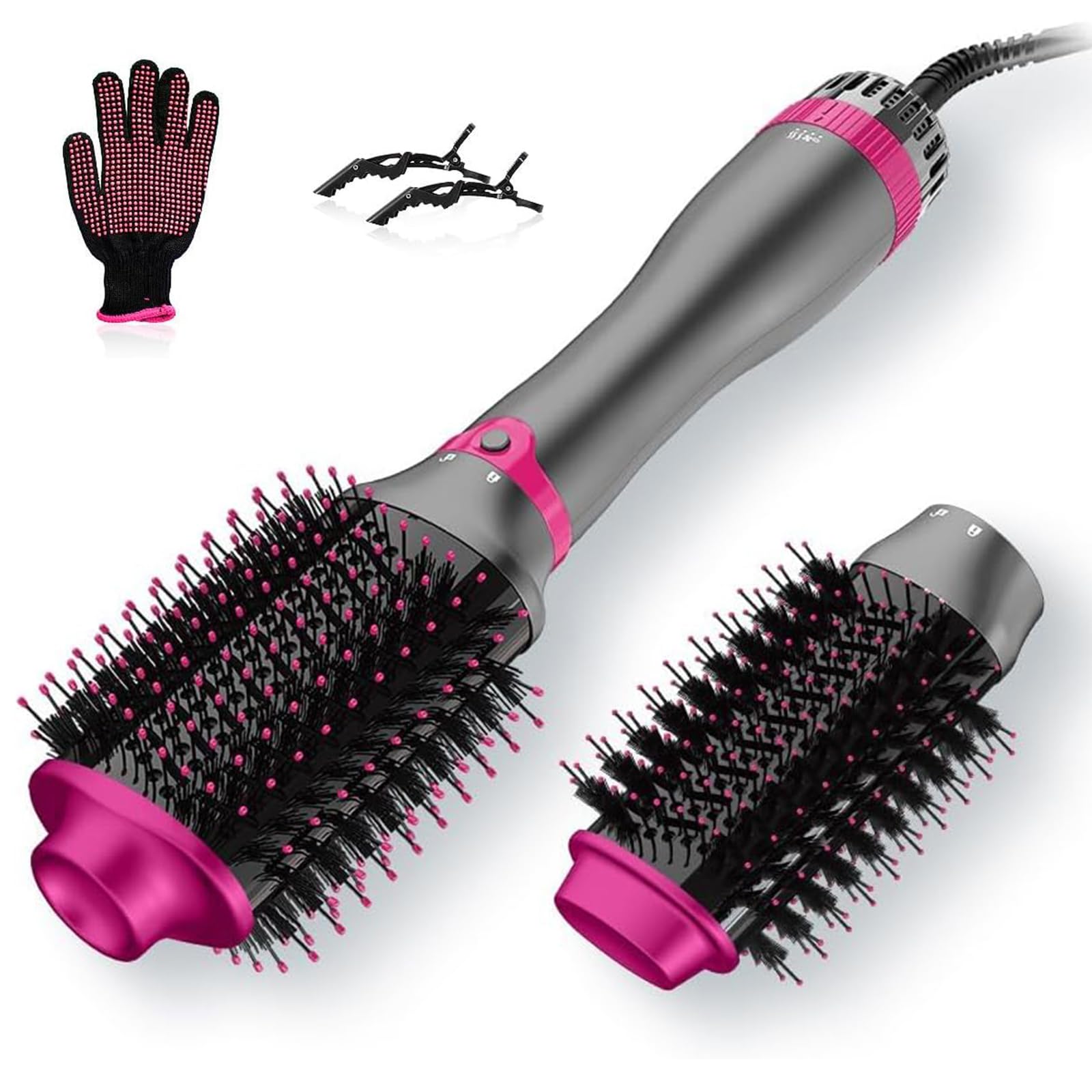 4 in 1 Hair Dryer Brush, 1200W Hair Dryer Brush Straightener and Curler with 2 Interchangeable Brush Heads, 3 Different Speed Hair Dryer