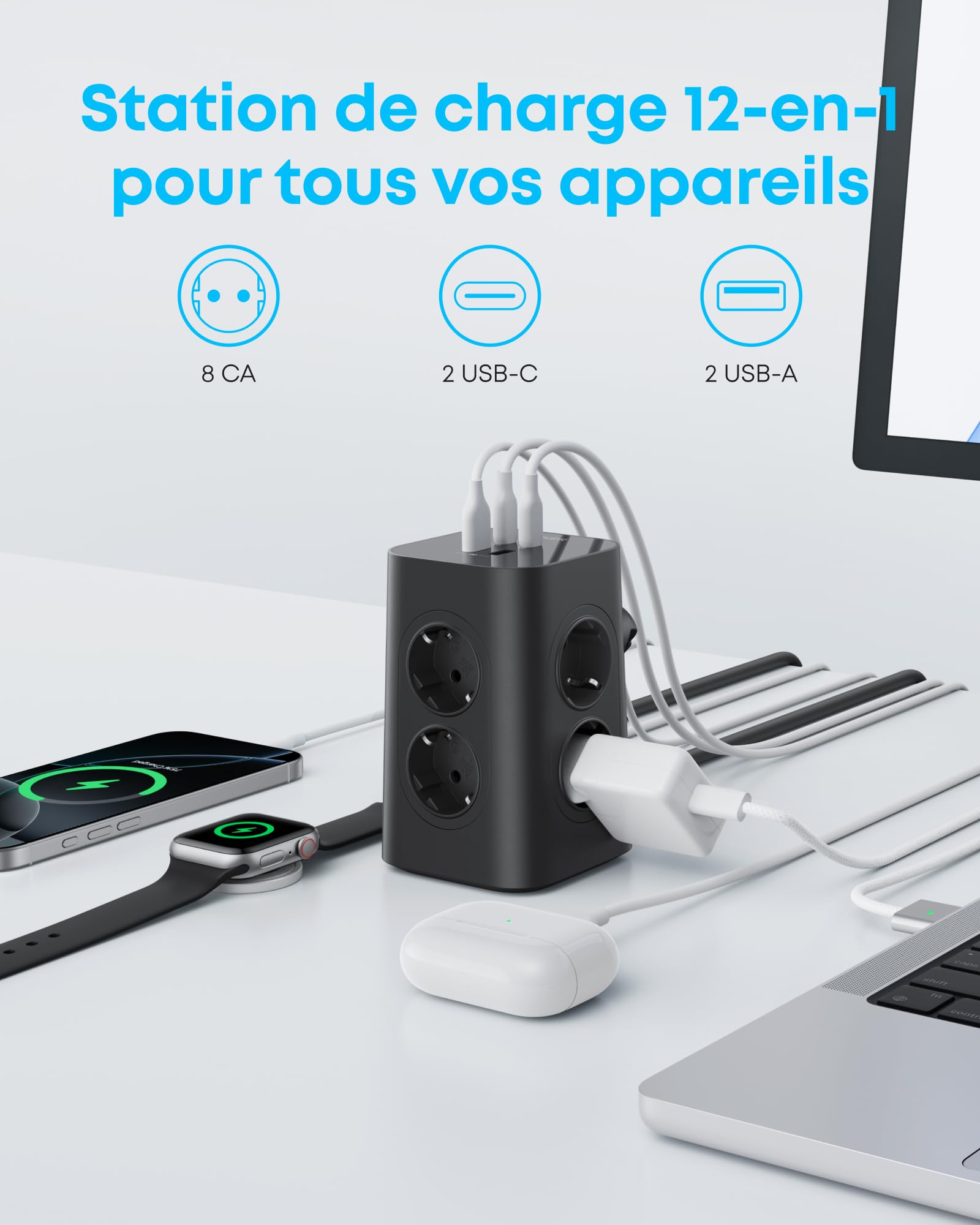 Anker Multiprise avec Interrupteur, Tour de Charge 12 en 1 | Charge USB C Rapide 20W, 8 Prises Ca, 4 Ports USB, Câble d'extension de 2 m, pour le Bureau, la Maison, le Jeu