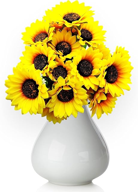 Artificial Sunflowers Bouquets, 3 Bouquets of Silk Sunflowers Flowers for Decorations, Yellow Plastic Fake Faux Realistic Sunflowers Plants for Home Wedding Garden Office Outdoor Indoor Decoration