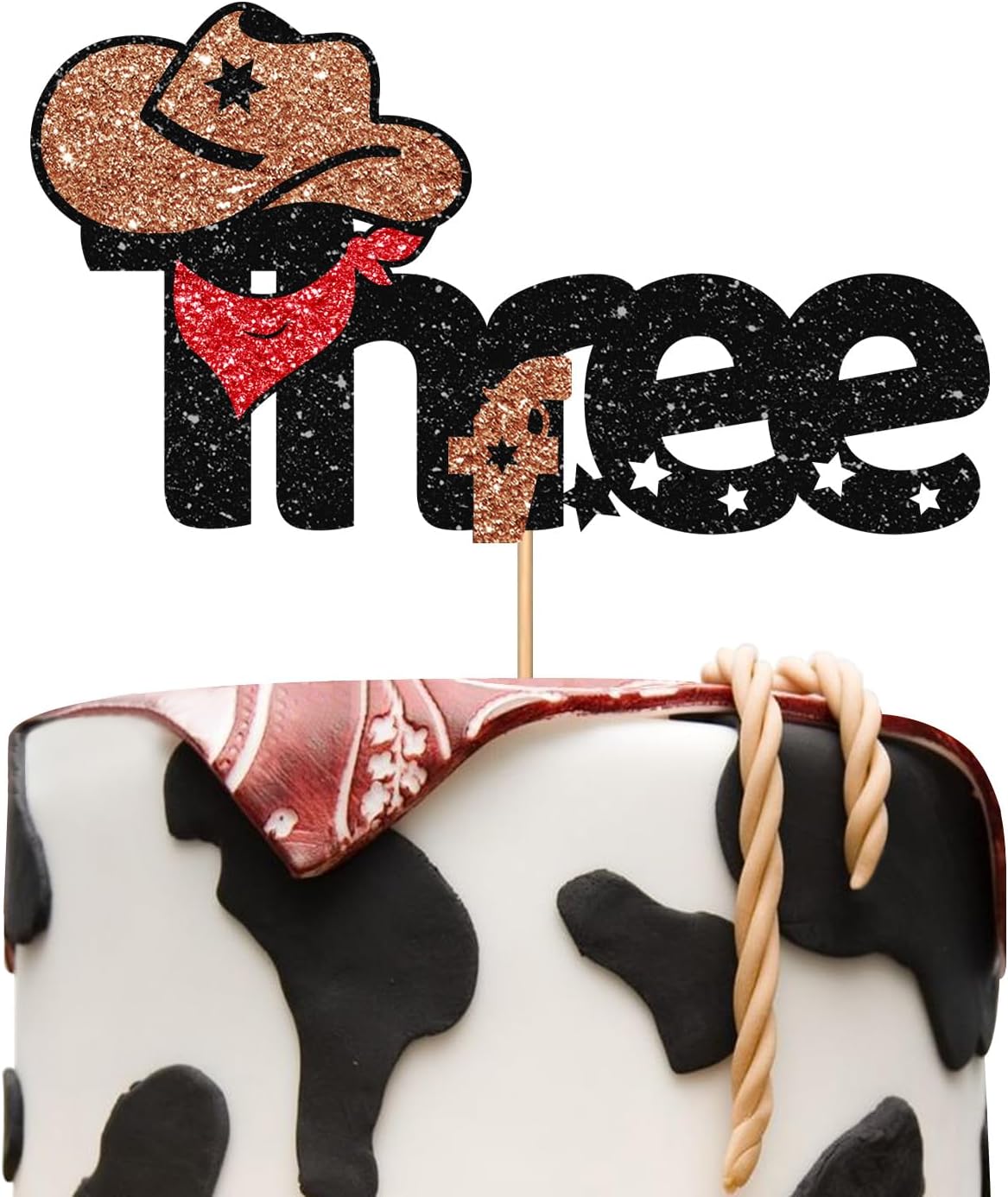 Cowboy Three Cake Topper, Little Cowboy Happy 3rd Birthday Cake Topper for Baby Boy, My 3rd Rodeo Western Birthday Party Decoration, Little Cowboy Birthday Party Supplies - Black & Brown Glitter