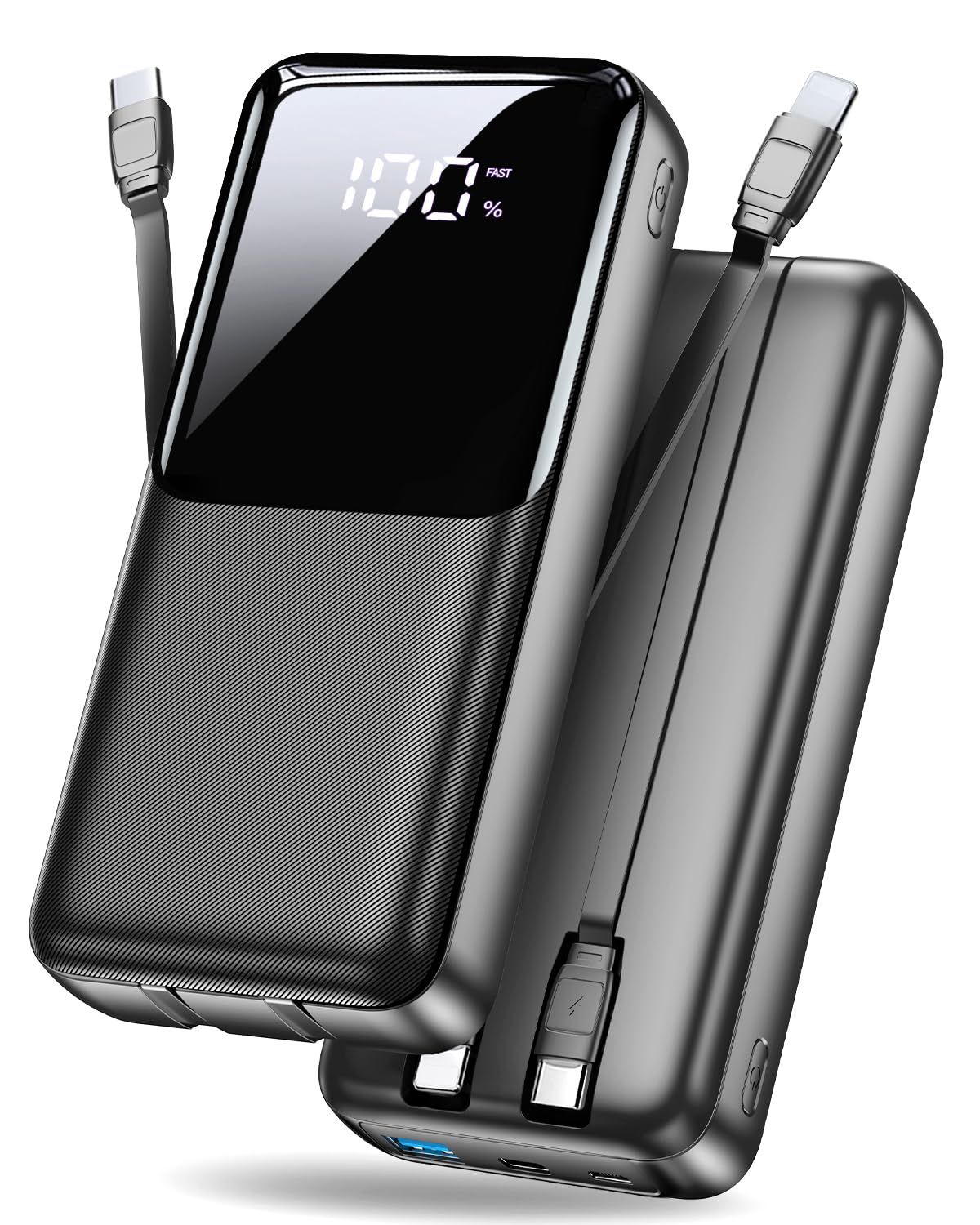 Power Bank 40000mAh 22,5W Powerbank PD USB-C Schnellladefunktion, Tragbares Ladegerät mit 3 Anschlüssen & 2 integrierten Kabeln, Externer Akku kompatibel mit iPhone 17 16 15 14 13, Android und mehr