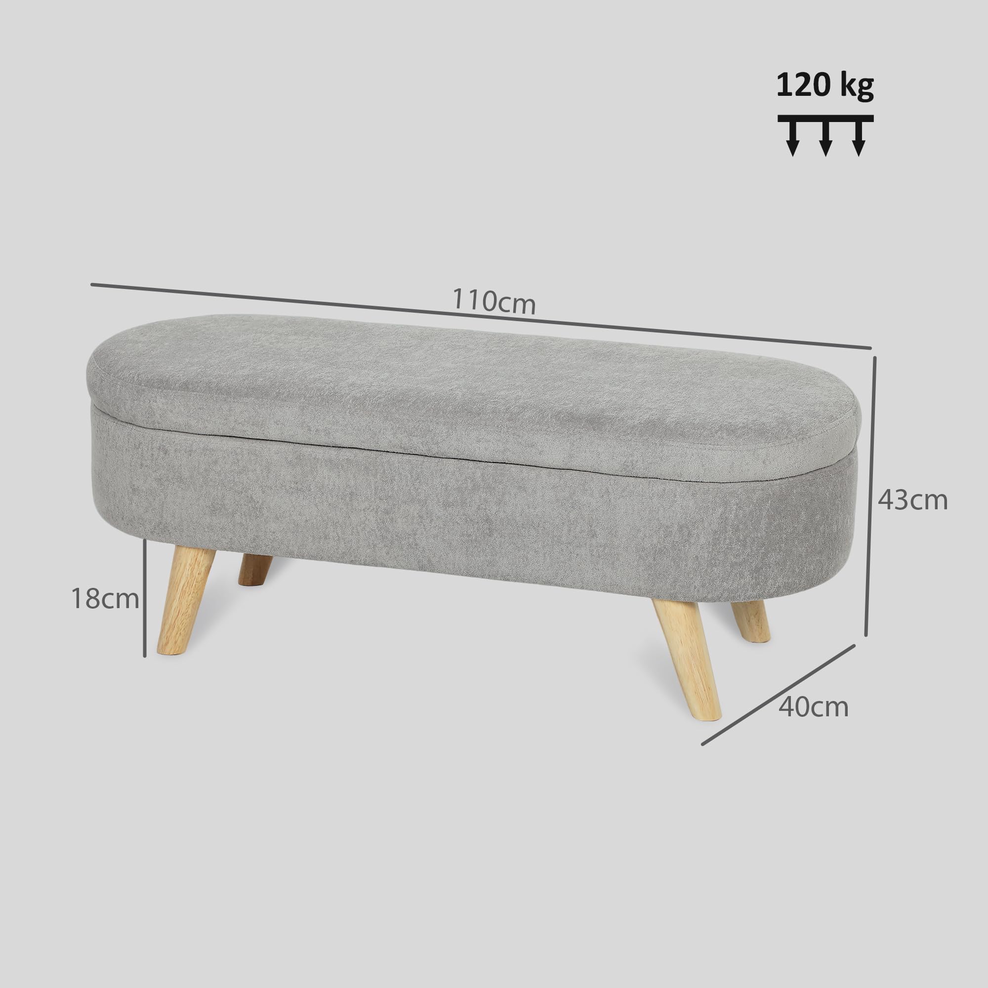 HOMCOM Banco Pie de Cama, Puff Almacenaje Tapizado en Terciopelo de Teddy con Patas de Madera y Asiento Acolchado, Banco de Almacenaje Ovalado para Dormitorio, Entrada, Pasillo, Gris Claro