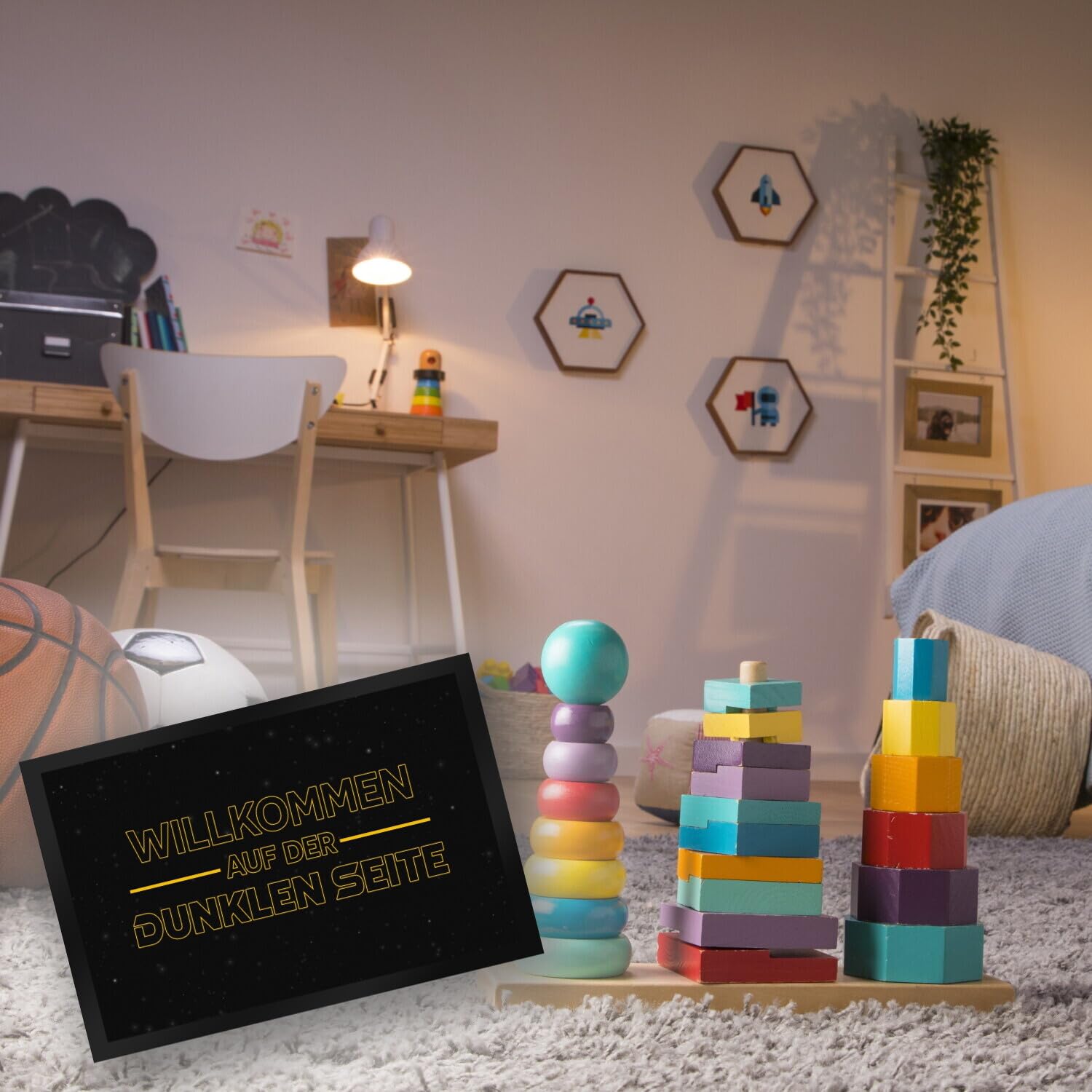 speecheese Willkommen auf der dunklen Seite Fußmatte XXL in 50x75 cm mit Sternenoptik Sterne Krieg Haustür Kinderzimmer Geschenkidee Weltraum unendliche Raum Weiten War Galaxien Stars Star