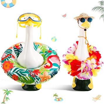 2 Set 23 Inch Hawaiian Porch Goose Outfits | Flamingo Summer Luau Lawn Goose Clothes with Glasses Swimming Ring Wreath Straw Hat for Holiday Tropical Garden Yard Beach