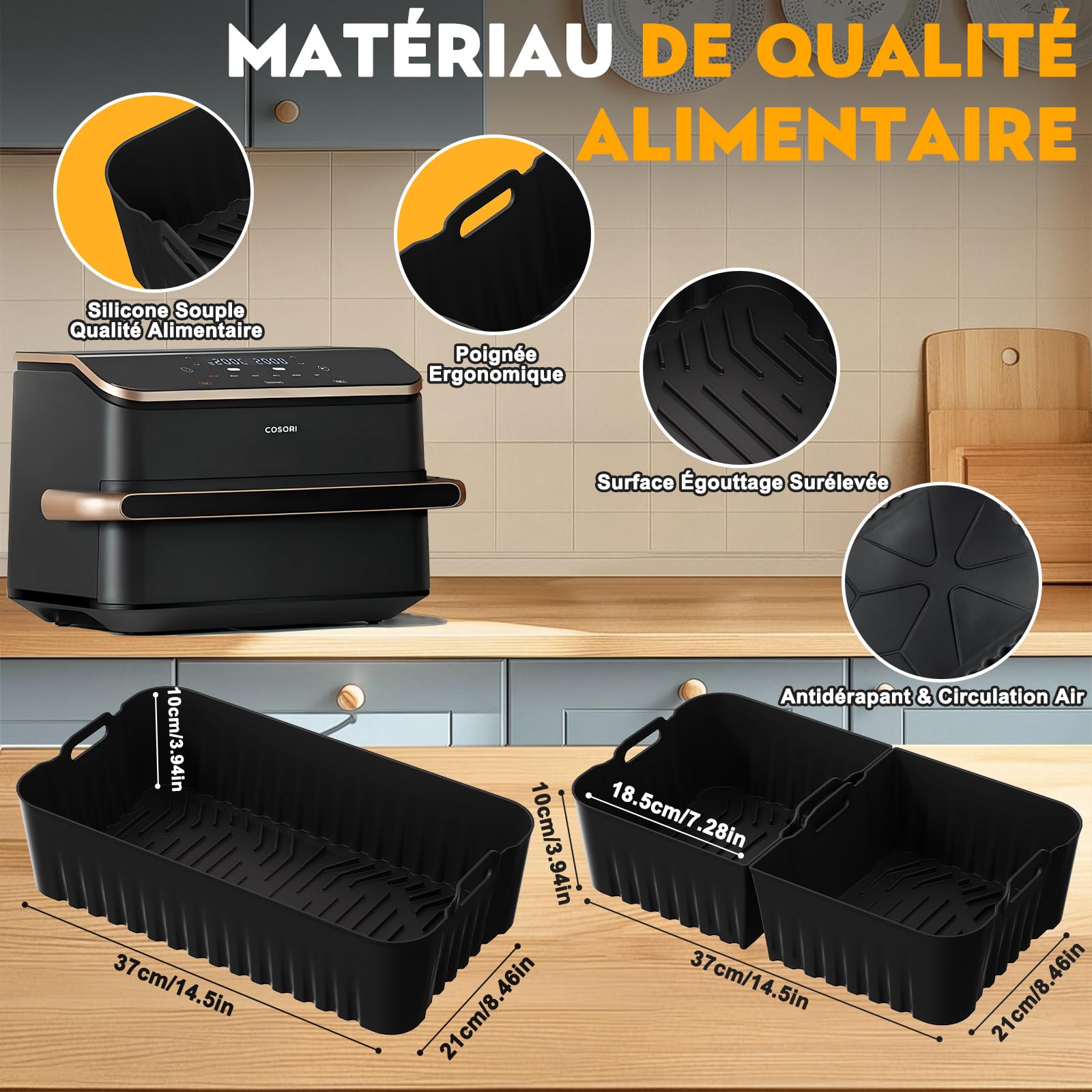 Accessoires Air Fryer pour COSORI 10L Twinfry Dual Zone | Moule Silicone Air Fryer, Plat Réutilisable Accessoires, pour COSORI Friteuse sans Huile Double 10L(1×10L+2×5L)