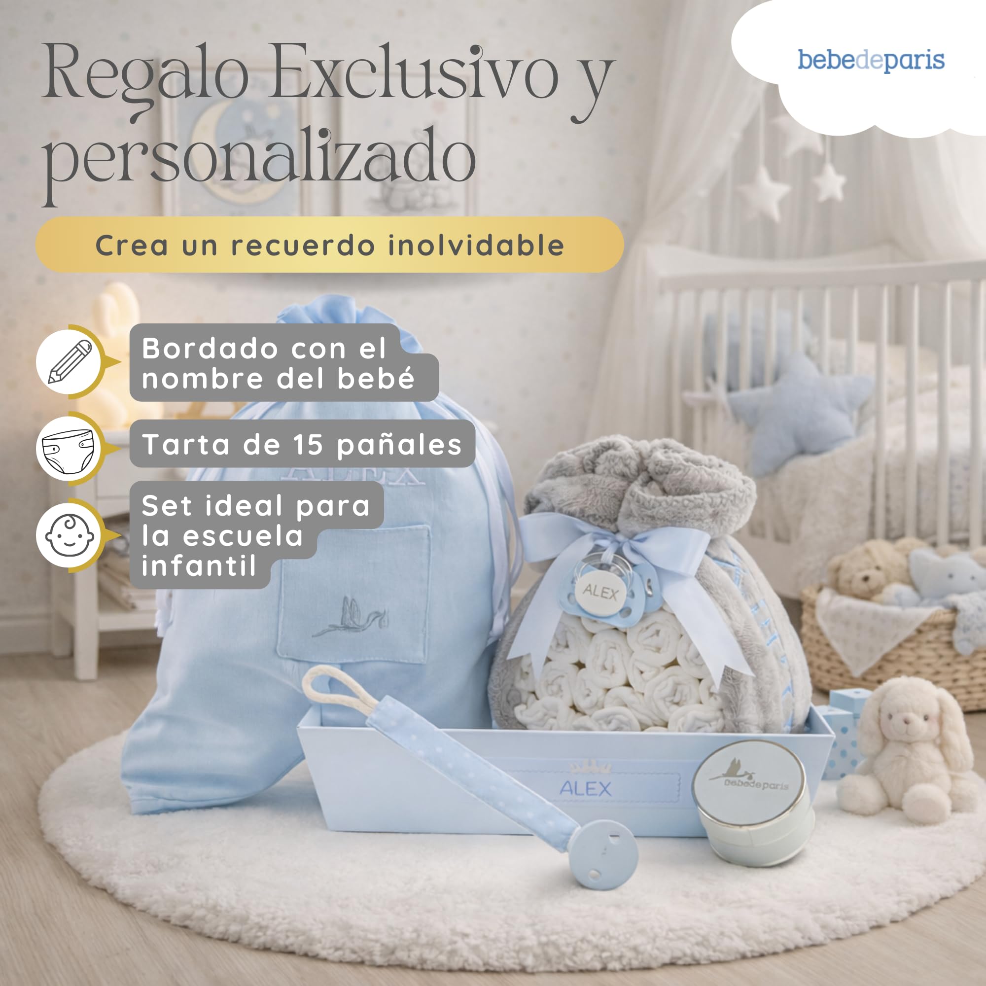Tarta de Pañales para Recién Nacida con Manta Bordada + 15 Pañales Talla 2 + Chupete Personalizado Azul | BebeDeParis