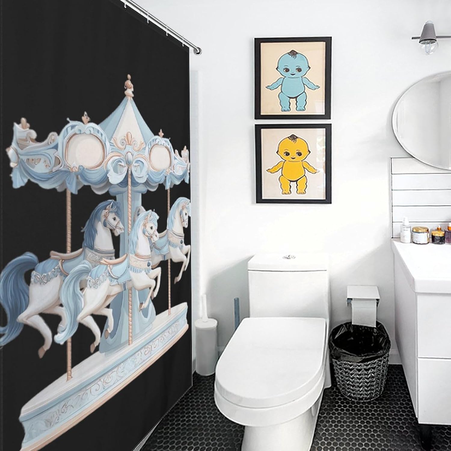 Carousel Horses Fabric Shower Curtain Bathroom Accessories with Hooks image 5