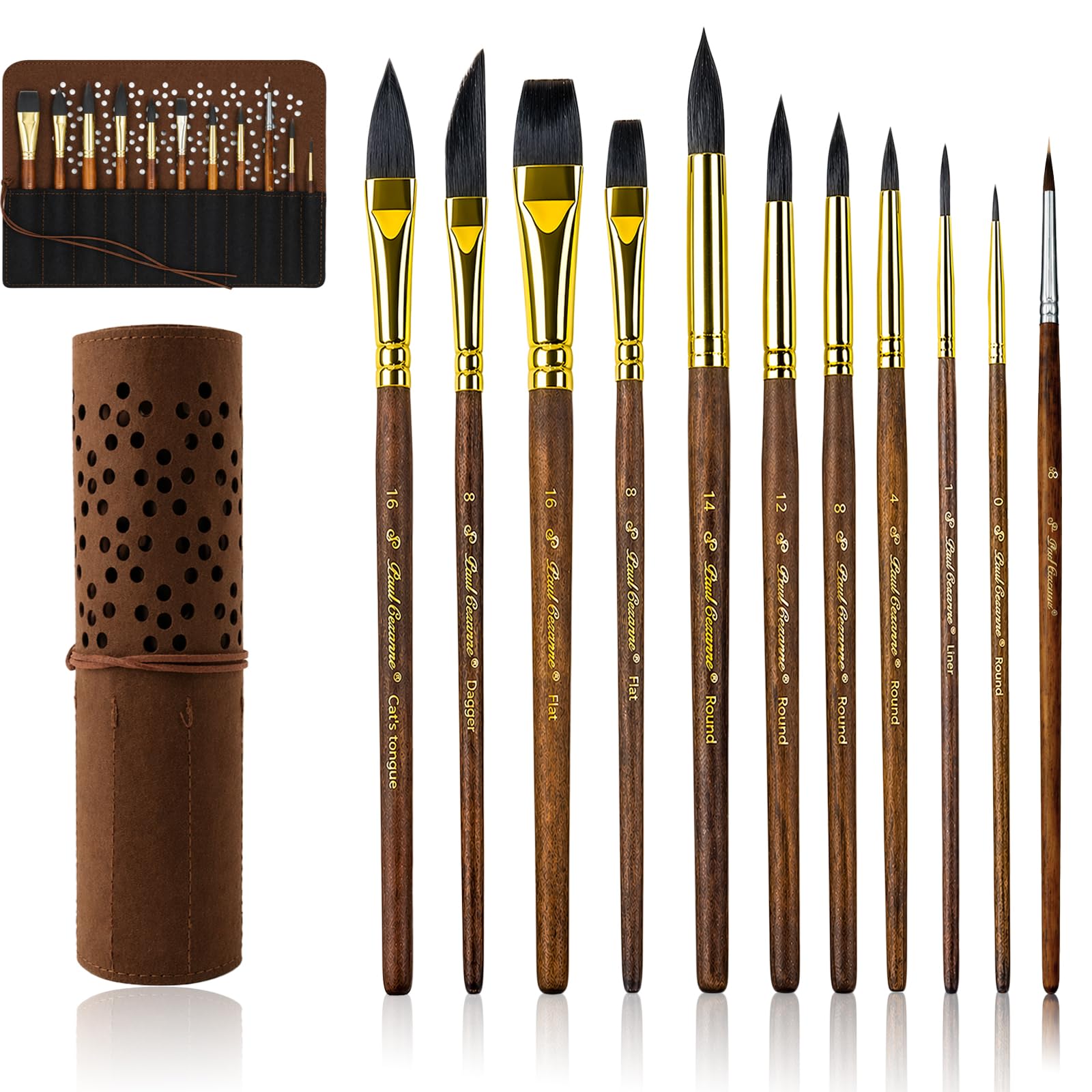 11Pcs Professional Watercolour Brushes for Artists, Synthetic Squirrel Hair Watercolour Paint Brushes Set with Case- Extended Point, Flat, Round Pointed, Cats Tongue, Dagger for Watercolor Painting