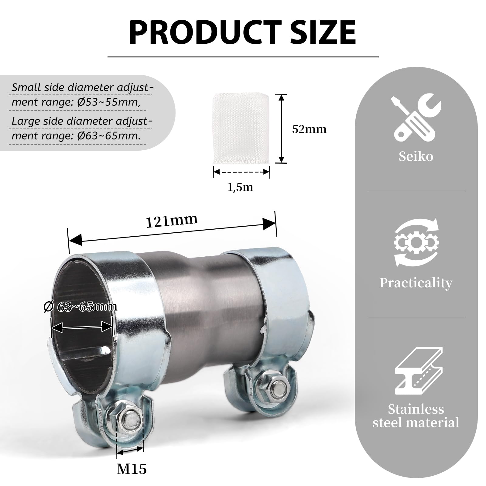 LALAGO Connecteur de Tuyau Collier D'échappement, Réducteur Bande Tuyau D'échappement, Acier Inoxydable Collier de Serrage, Double D'échappement Manchon Raccord (Ø55mm à Ø65mm)