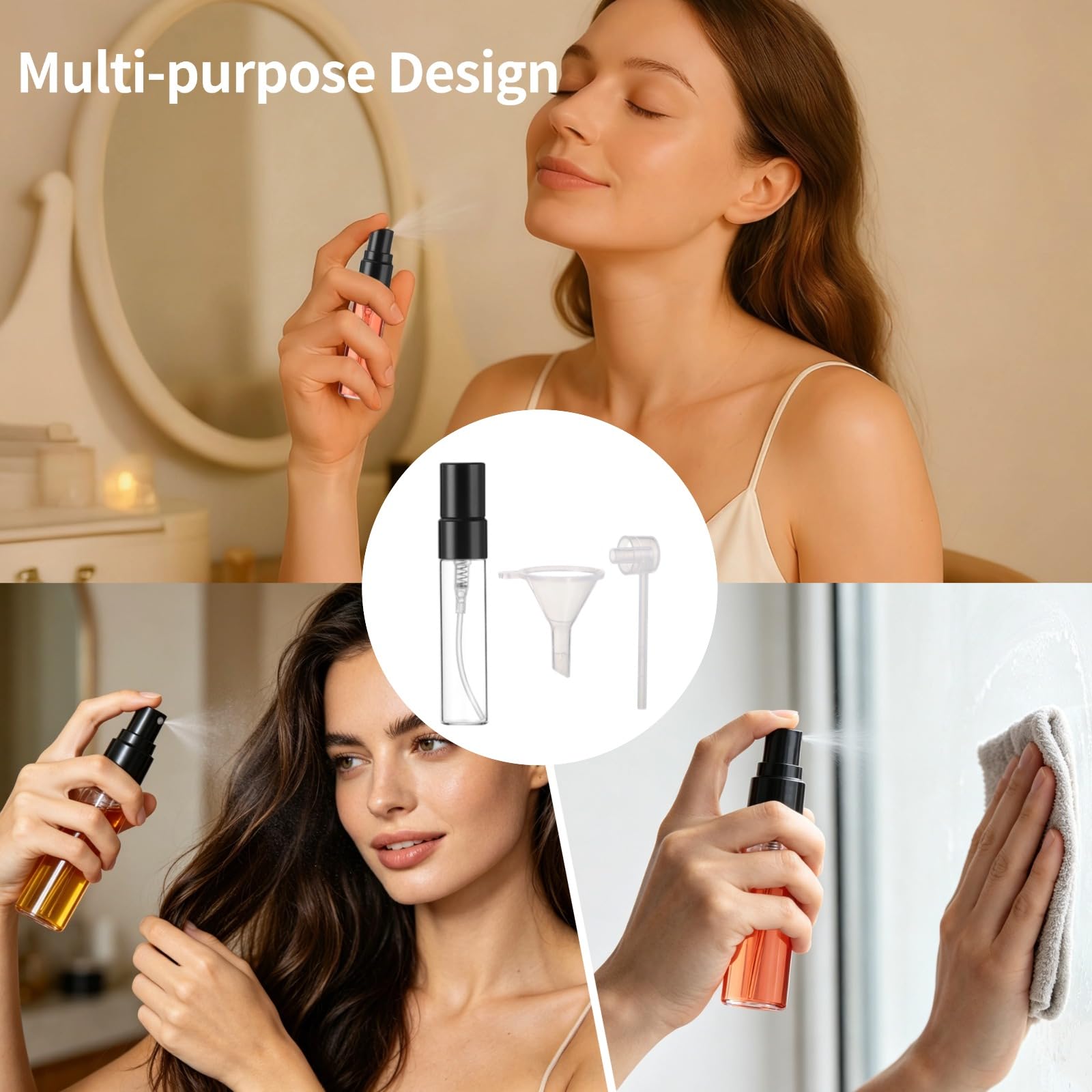 Mini butelki z rozpylaczem, 5 ml, szklane butelki na perfumy, przenośne pojemniki na próbki z czarnymi nasadkami, rozpylacze drobnej mgły, w zestawie 4 lejki i 4 dozowniki