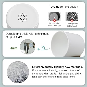 WSMKSZ 3 Pack 6/5/4 inch Cylindrical Flower Pots, Modern Small Round Plastic Plant Pots with Drainage Holes & Saucers, Clean and Refined Planter Pots for Outdoor, Indoor & Office Decor (White Brown)