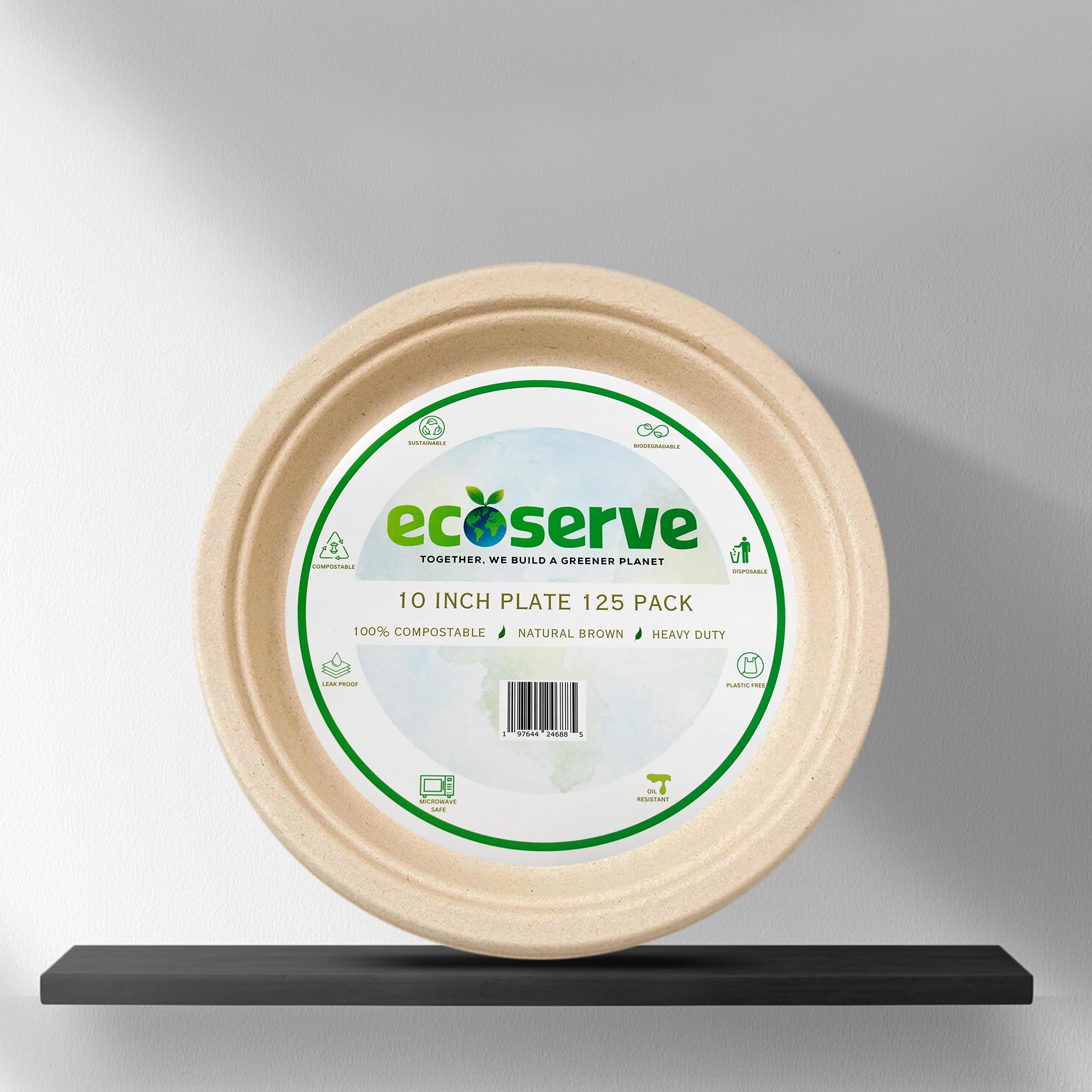 ECOSERVEECOSERVE 100% Compostable 10 inch [125-Pack] Disposable Heavy-Duty Premium Quality Paper Plates, Certified BPA Free Natural Bagasse Eco-Friendly Biodegradable Made of Sugar Cane Fiber