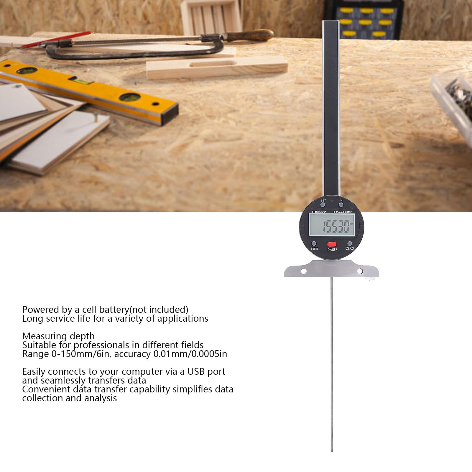 Cocoarm Medidor de Profundidad Digital, Herramienta de Sensor Electrónico, Medición de Profundidad de Alta Precisión 0-150 Mm para Carpinteros y Profesionales