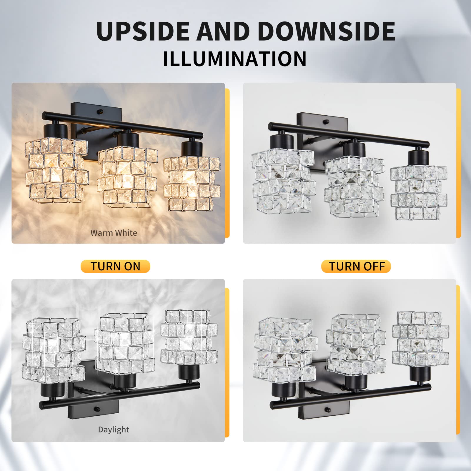 BEHIYA 3-Lights Vanity Lights, Crystal Bathroom Light Fixtures Over Mirror Indoor Lighting Matte Black with Crystal Shades for Makeup & Dressing Table Foyer Corridor