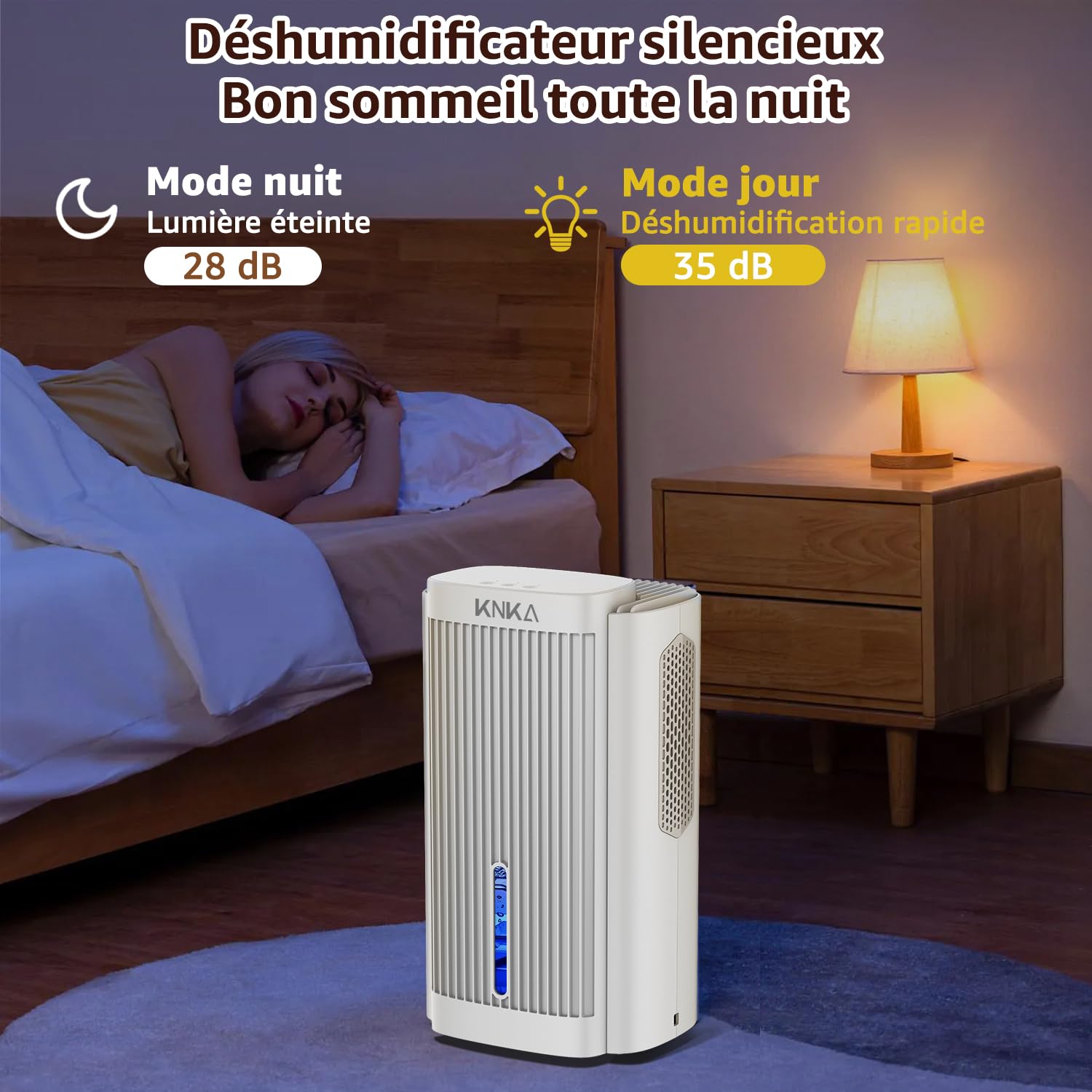 KNKA Deshumidificateur d Air, 1,1 L/Jour, Déshumidificateur Bruit Inférieur à 28dB, Pour Salles de Bain, Chambres et Placards de Moins de 17m², Avec Arrêt Automatique et Fonction de Dégivrage, Blanc