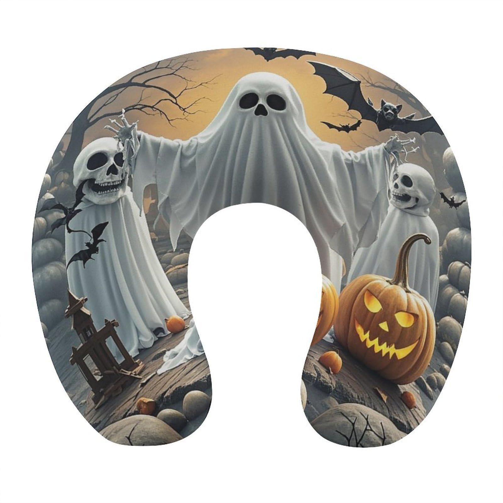 FekiLoot Pumpkin Lantern Ghost Travel Pillow U Shaped Neck Pillow Comfortable Memory Foam Pillow Portable Soft Headrest Lightweight Neck and Head Support for Planes Trains Self-Driving Cars