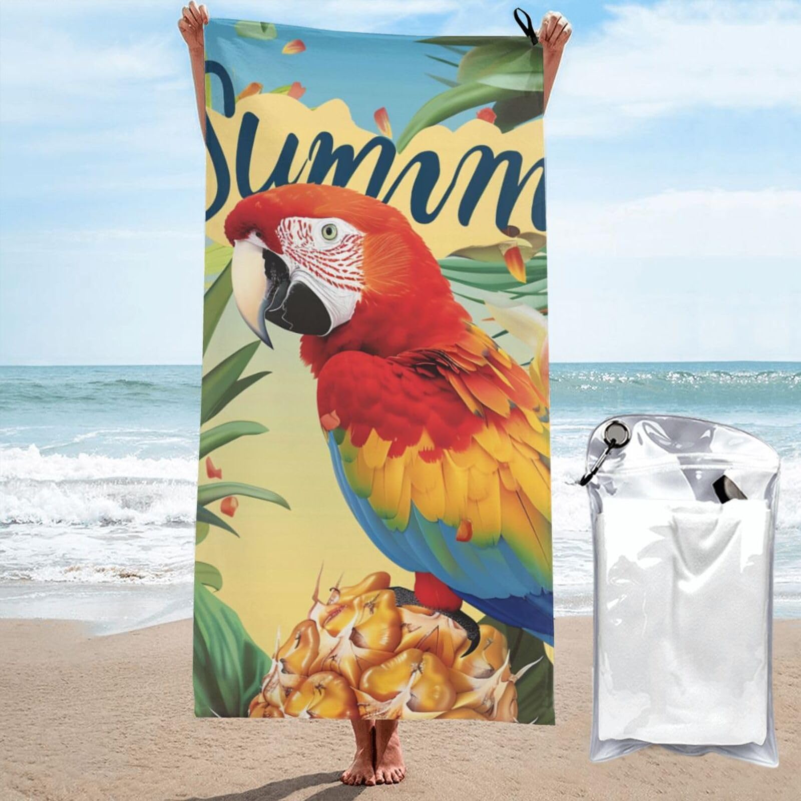 kkvhhyuo Microfiber Beach Towel, Summer Parrot Pineapple Bird Printed Lightweight Quick Dry Travel Bath Sheet with Compact Carry Bag for Swimming Yoga Camping Gym,27.5"x55"