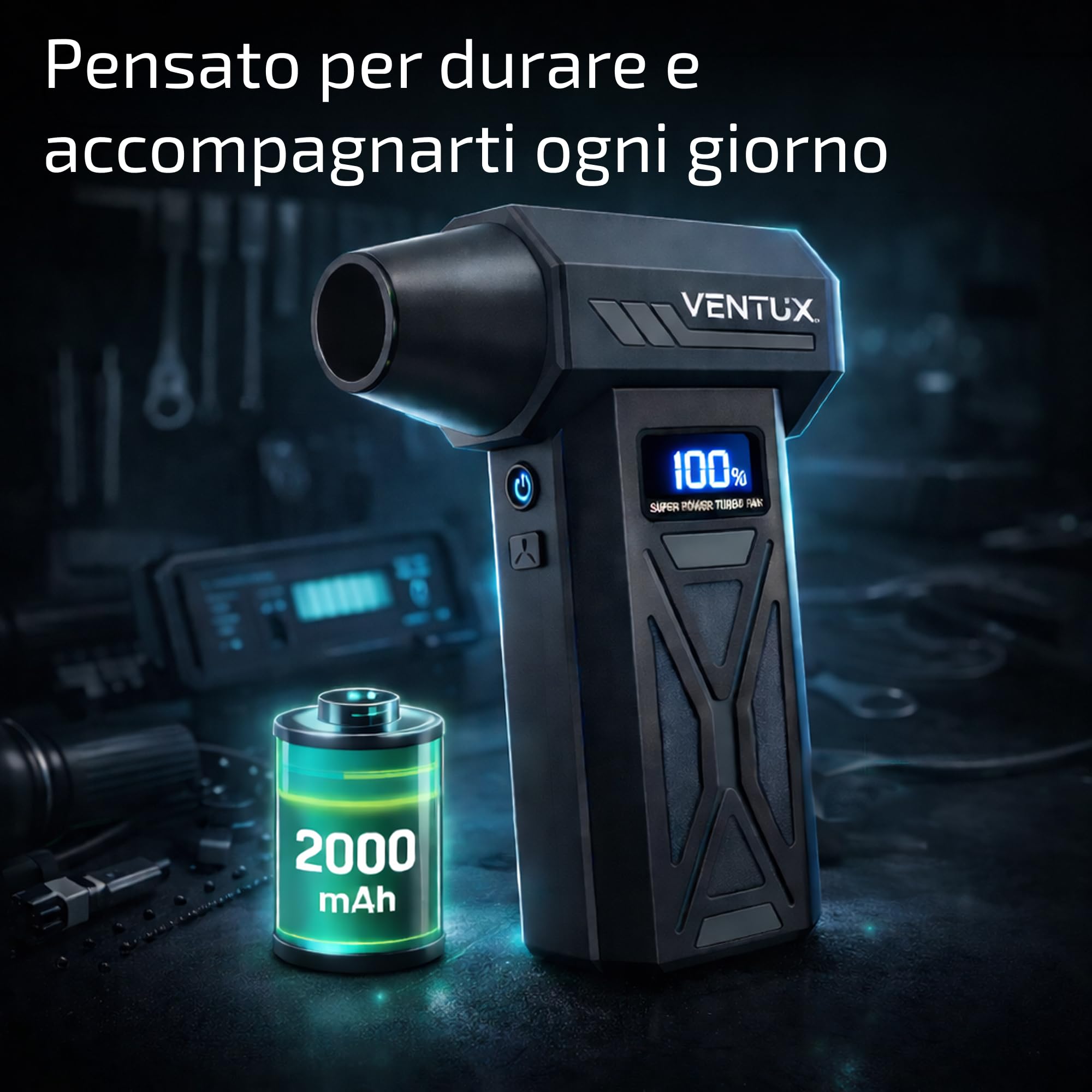 Soffiatore d’Aria Portatile a Batteria AeroBoost P70 – 110W | 4 Velocità, Display LCD, LED, 2000mAh | Mini Air Blower per Polvere, Tastiere, Auto, PC – Ventux Gear