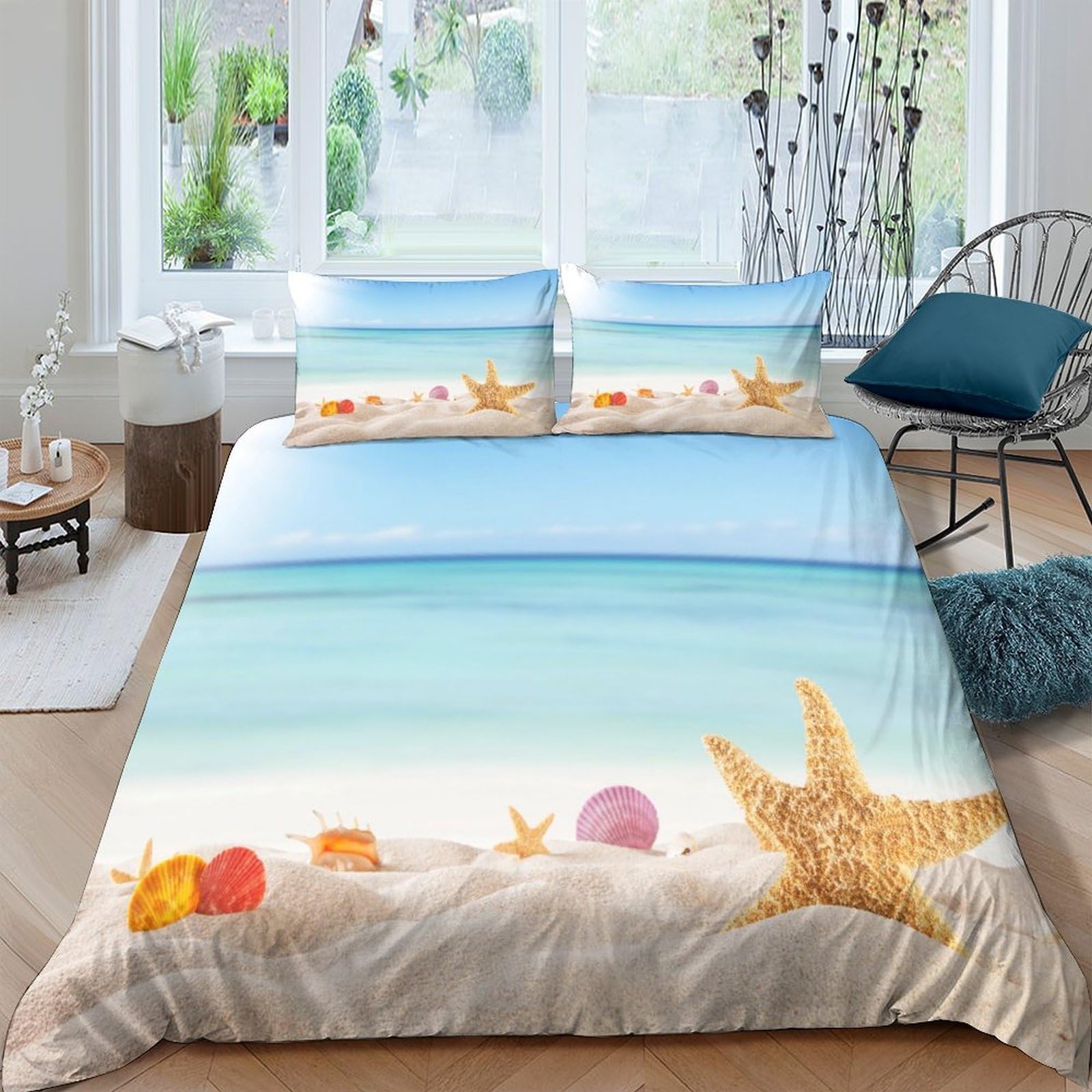 Ctjqhvkz Style-9 3D Printed Beach Seashell Fitted Sheet Microfiber Soft Ocean Starfish Mattress Cover Bedroom Decor Single（135X200cm）