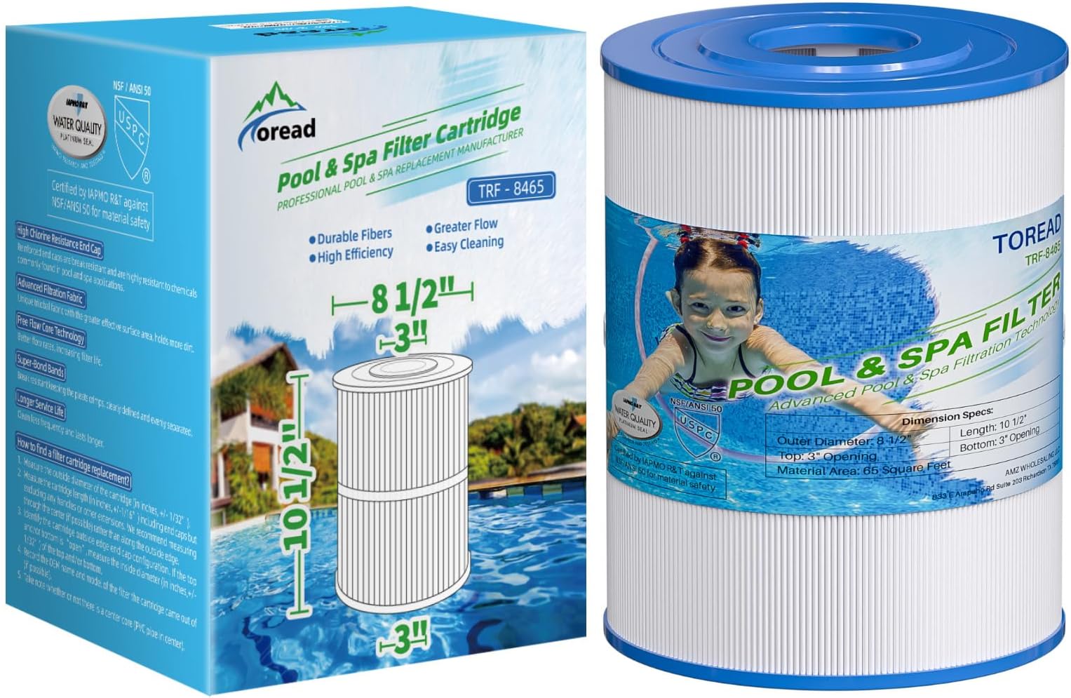 TOREAD NSF-50 Certified Watkins 31114 Replacement Tiger River Spa Filter, Compatible Unicel C-8465, PWK65, Filbur FC-3960, 71827, 71828 Hot Tub Filter, 65 sq. ft Hot Spring Spa Filter 1pack