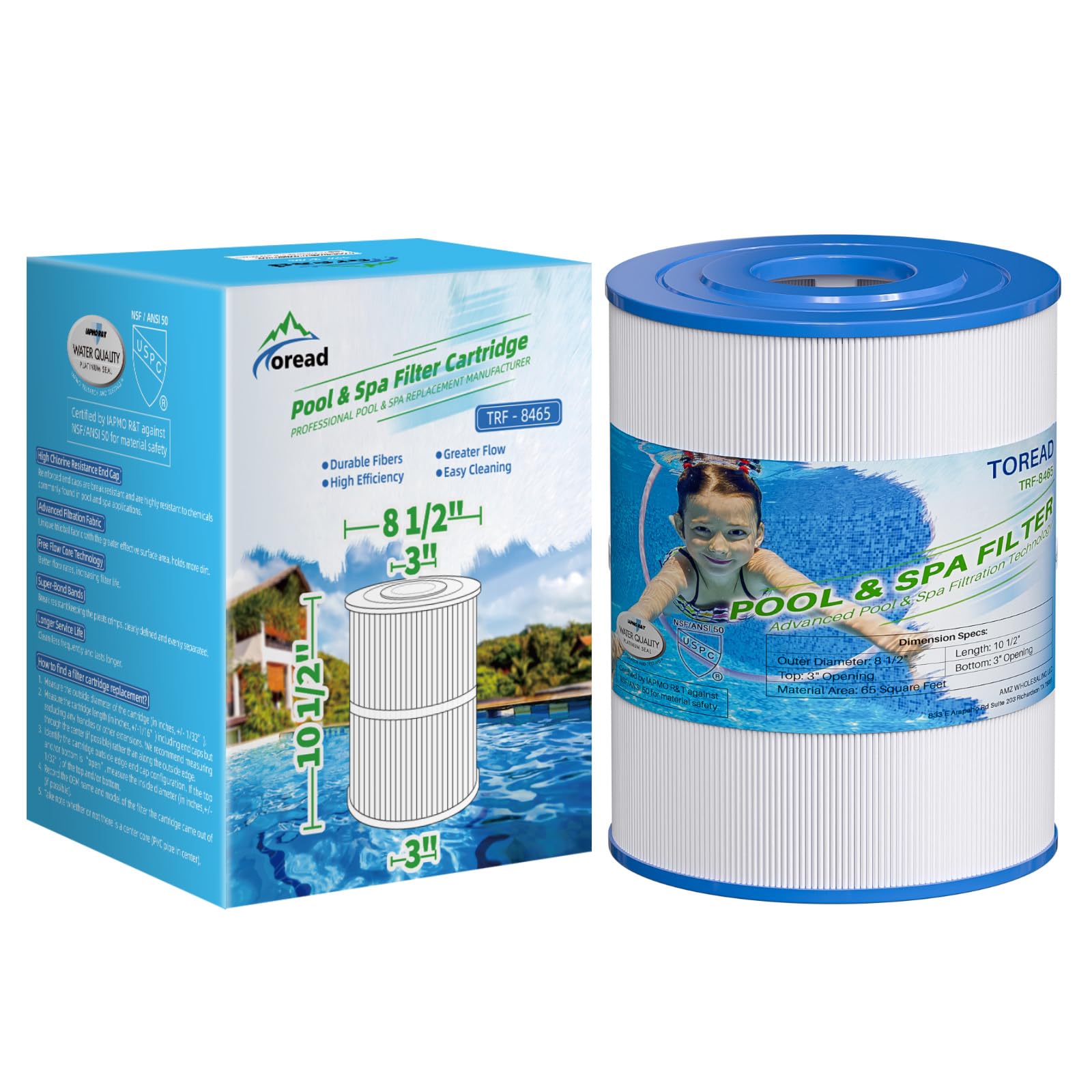 NSF-50 Certified Watkins 31114 Replacement Tiger River Spa Filter, Compatible Unicel C-8465, PWK65, Filbur FC-3960, 71827, 71828 Hot Tub Filter, 65 sq. ft Hot Spring Spa Filter(1)