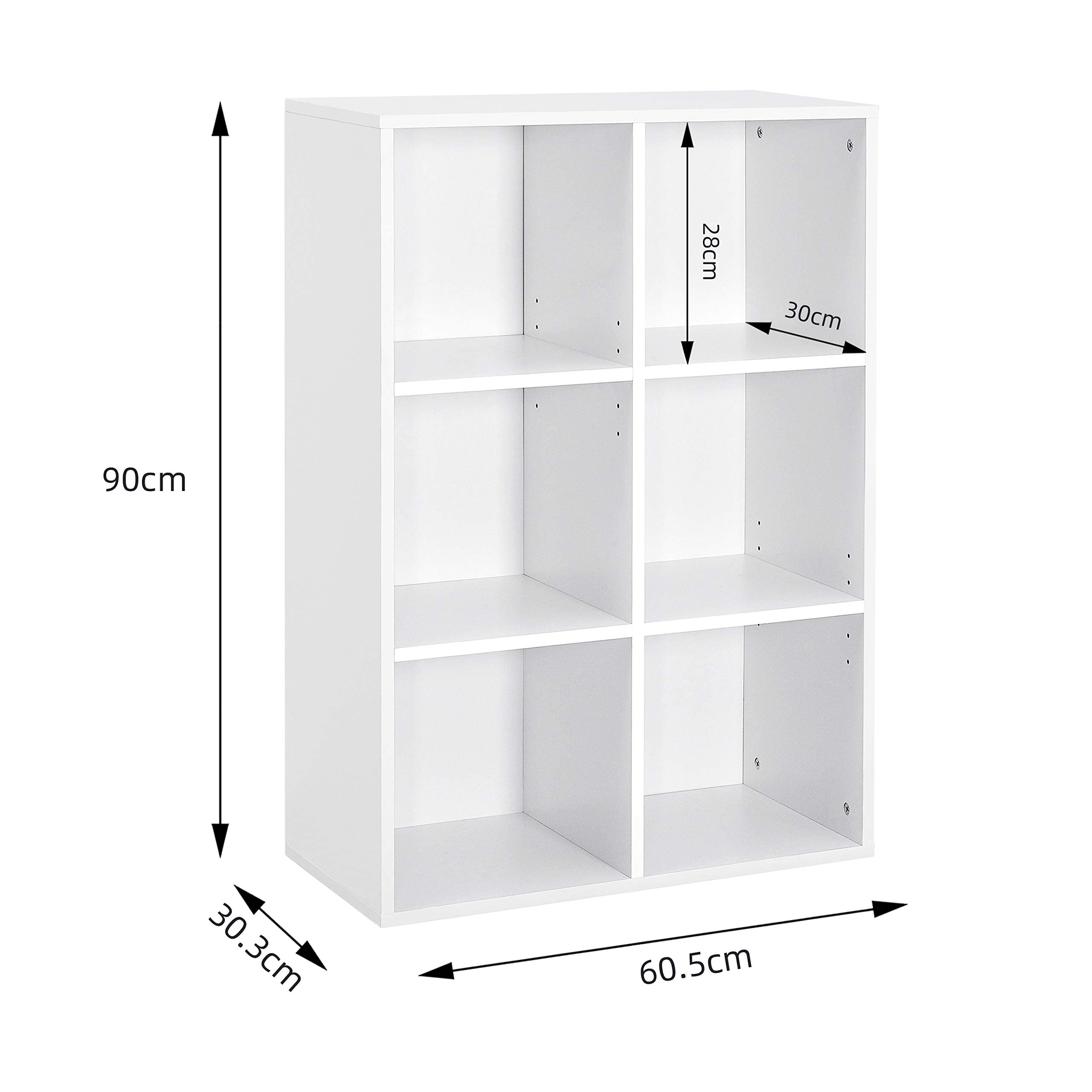 Mondeer Bücherregal, Regal mit 6 Fächer aus Holz, Weiß Modern für Wohnzimmer Arbeitszimmer, 60.5x30.3x90cm