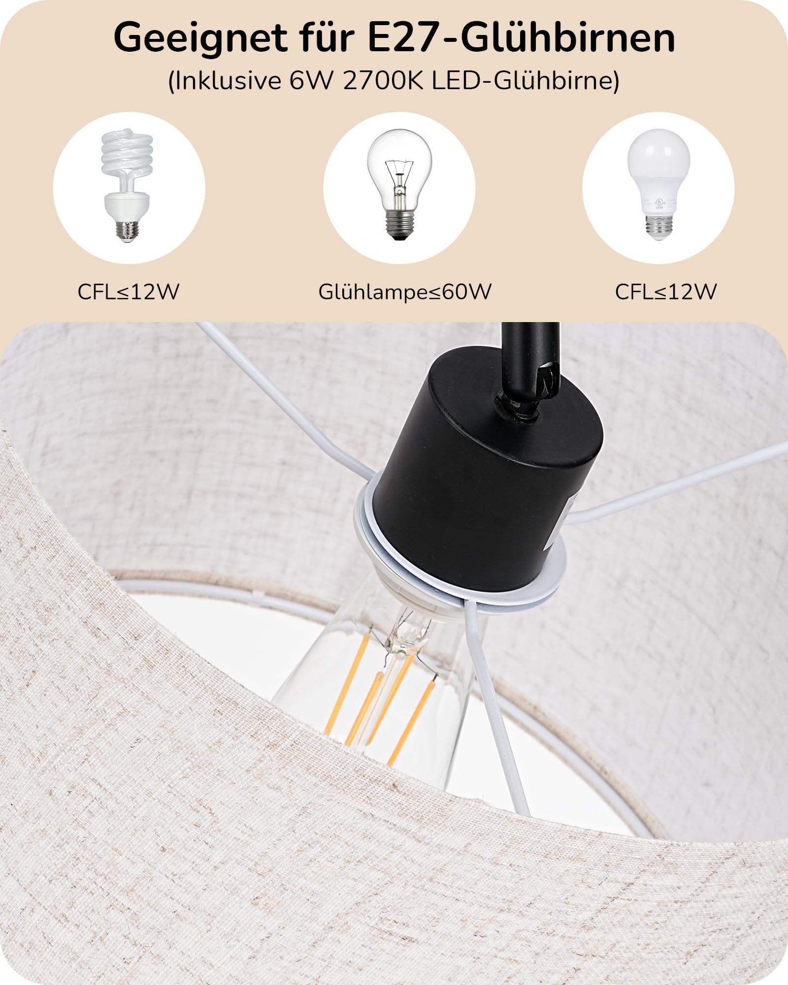 EDISHINE Stehlampe Wohnzimmer 160cm, Bogenlampe Modern mit Beigen Verstellem Leinen-Lampenschirm, LED E27 Glühbirne inklusive, Schwarz Leselampe Stehleuchte für Schlafzimmer, Kinderzimmer