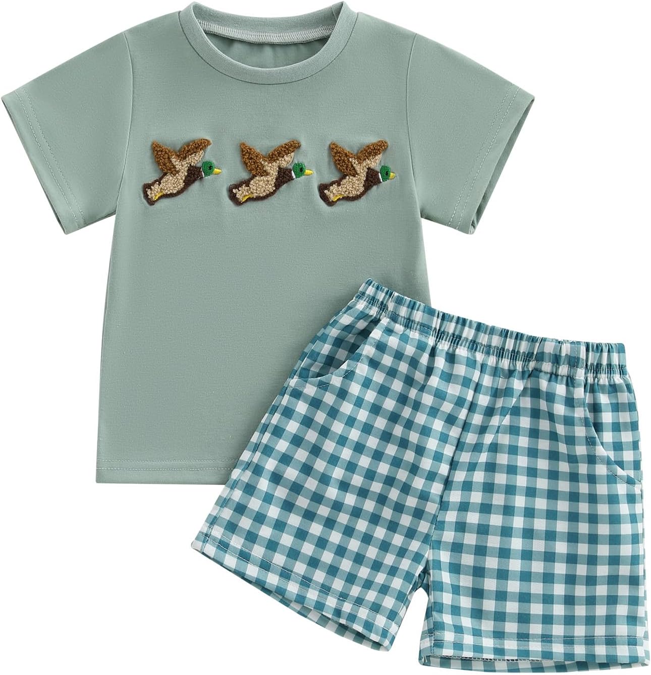 Ensemble été Bébé Garçon - T-shirt Brodé Canard Et Short à Carreaux - Manches Courtes, Taille élastique - 95% Coton