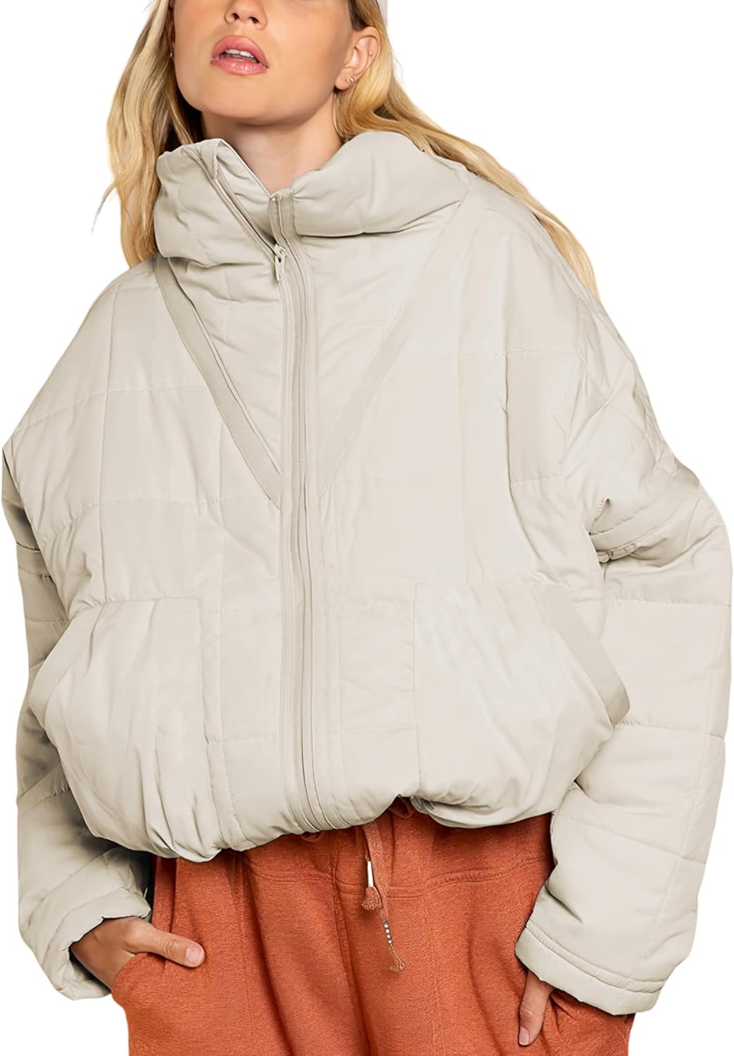 Lentta Women's Quilted Puffer Jacket Oversized Zipper Jacket Lightweight Winter Coat with Pockets
