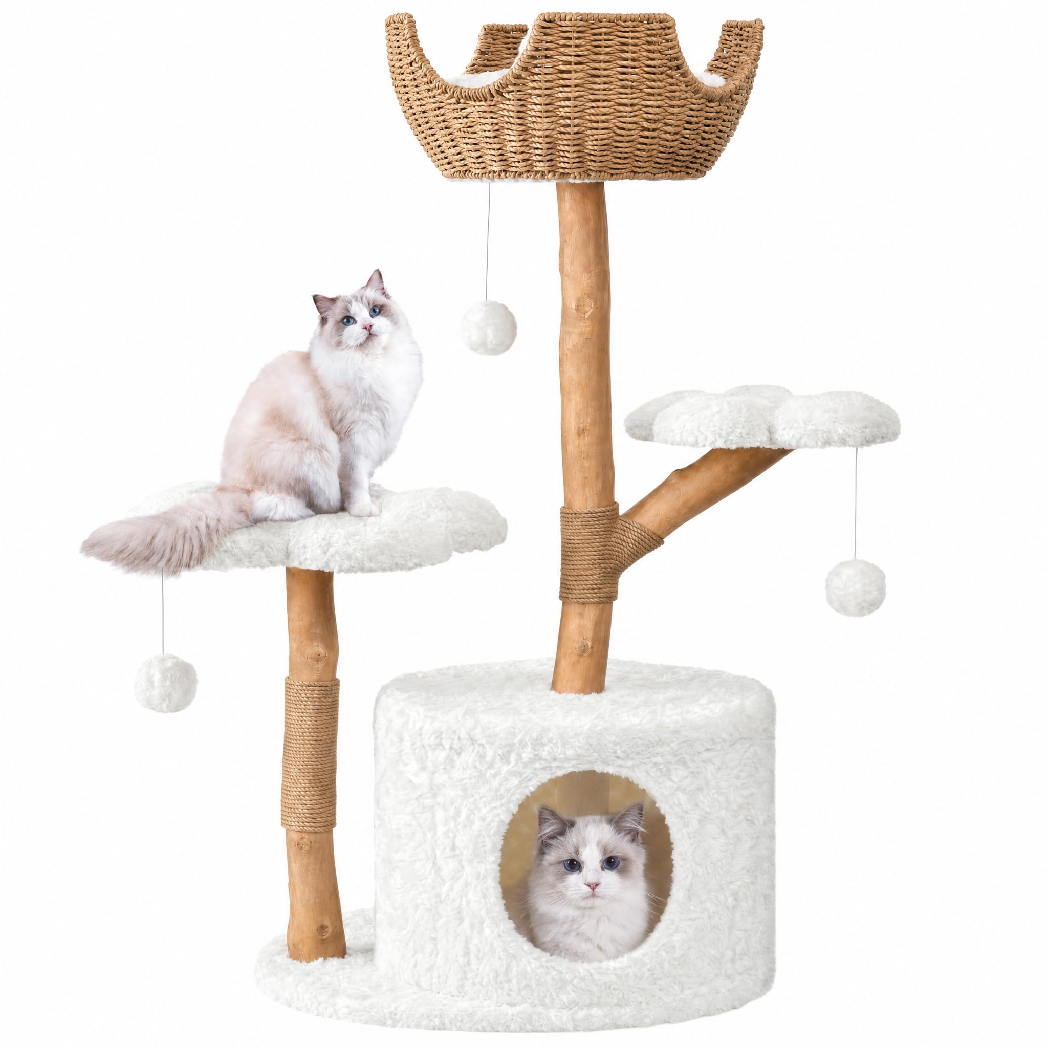 Easyego Modern Cat Tree, 40.5" Aesthetic Wood Cat Tree Tower for Large Cats, Luxury Cat Condo with Scratching Posts and Flower Platforms, Cat Furniture, White