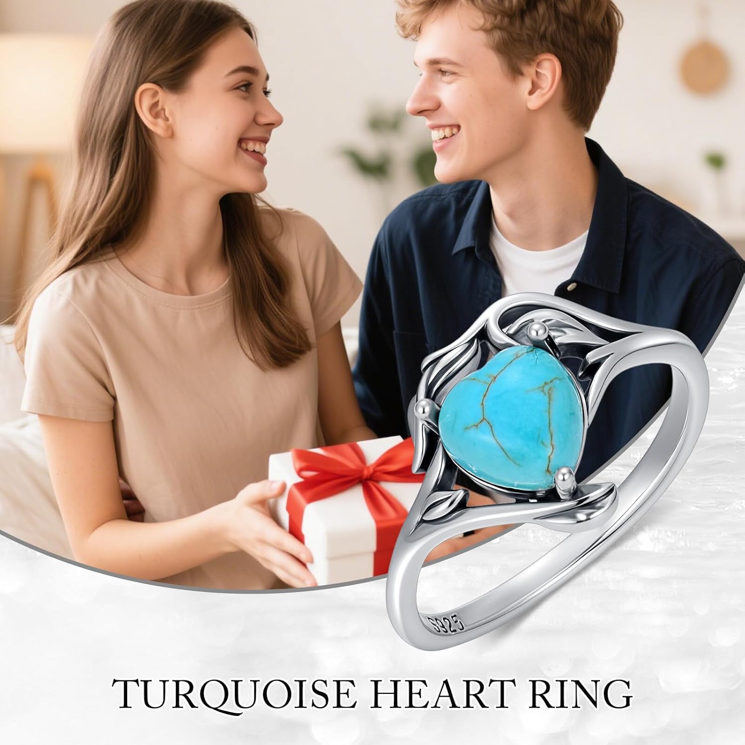 Genuine Turquoise Rings 925 Sterling Silver Heart Shape Natural Gemstone Leaf Ring Western Jewelry Gifts for Women - Image 6