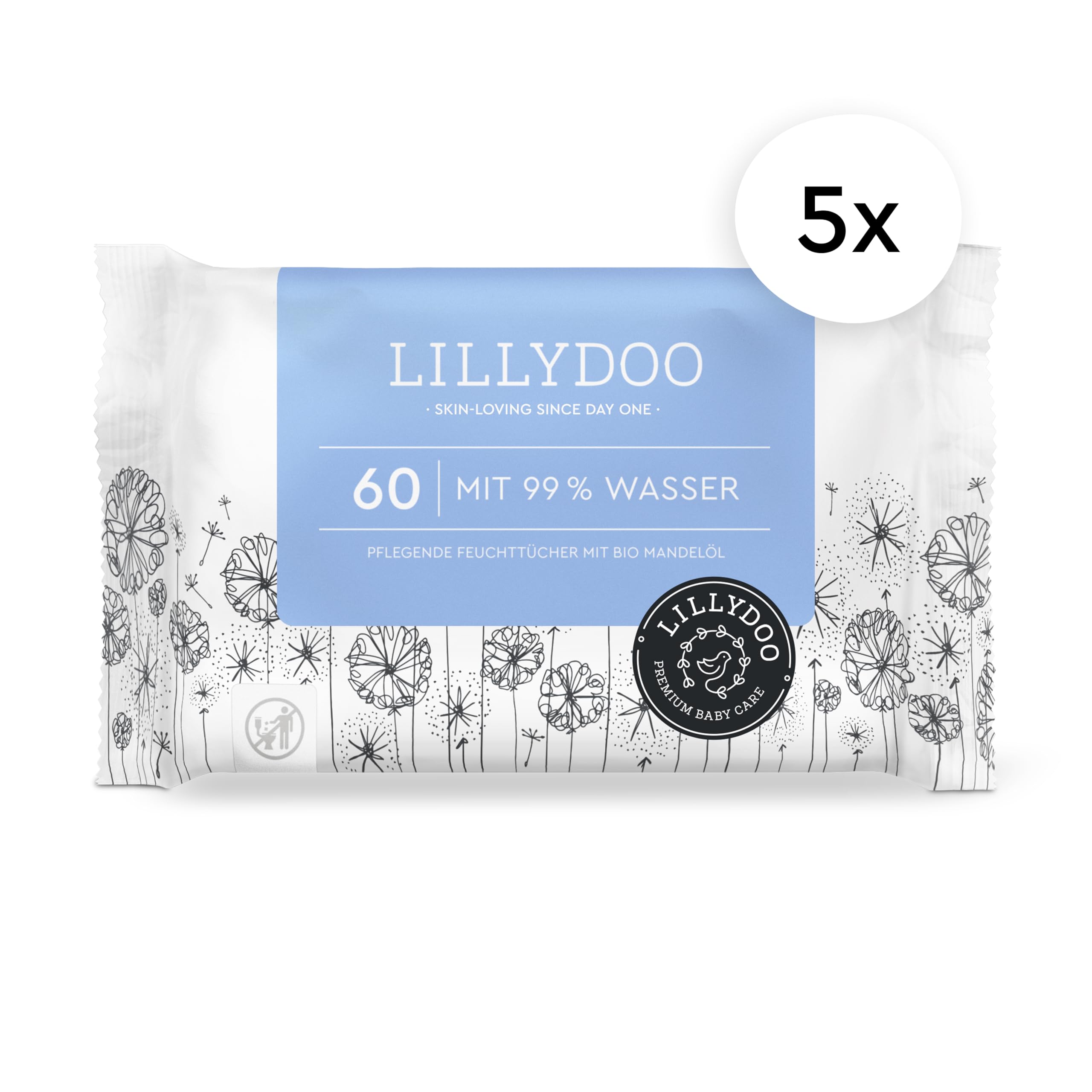 Lingettes LILLYDOO pour bébé faites à 99% d'eau, Lot de 5 x 60 (300 pièces), tissu 100% sans plastique, sans parfum et doux comme du coton et de l'eau