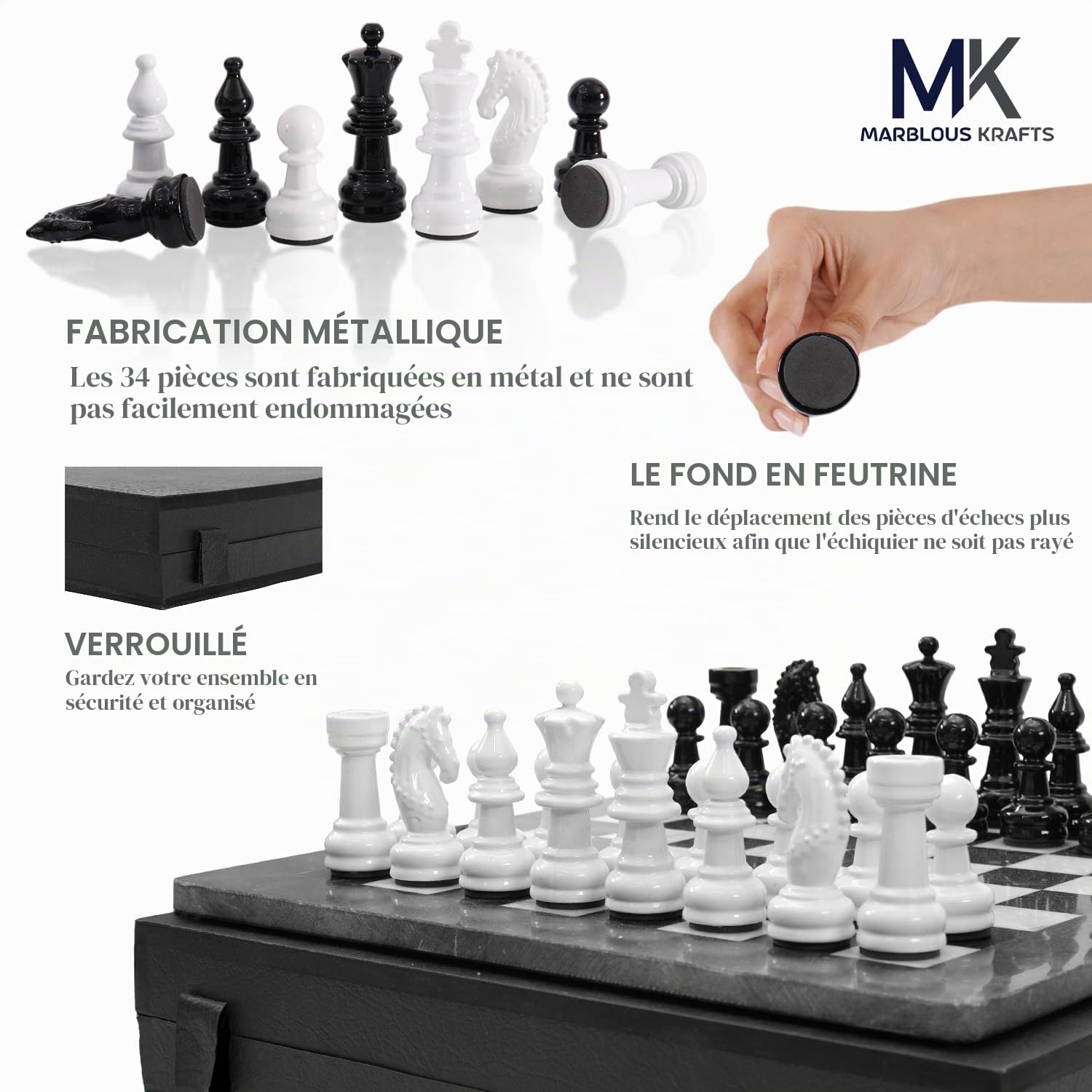 Marblous Krafts Jeu d'échecs noir et blanc de 38,1 cm avec 32 figurines métalliques et 2 reines supplémentaires et plateau en marbre – Grand jeu d'échecs et jeux d'échecs faits à la main Staunton pour