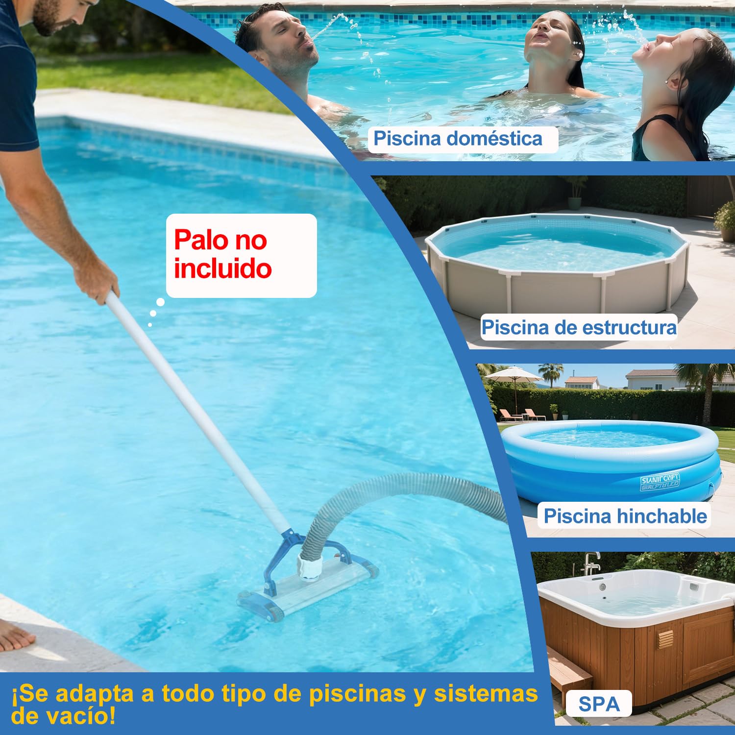 Cepillo para Piscina con Conexión de Aspiración 34 cm de Aluminio con 4 Ruedas, Cabezal Aspirador de Piscina Pesado 2,2 kg para Manguera de 38 mm, Cepillo Aspirador para Piscinas Elevadas y Enterradas — view 6
