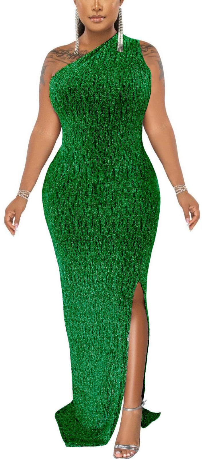 Formal Dress for Women Elegant Sparkly One Shoulder Sleeveless High Split Cocktail Party Prom Dresses