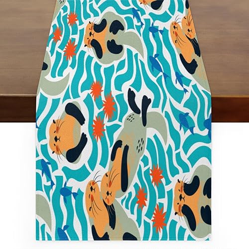 Table Runner Cartoon Sea Lion Baby, Rustic Linen Table Cloth for Farmhouse Kitchen, Dinner, Events, Party, Holiday Table Decor 13 x 36 Inches