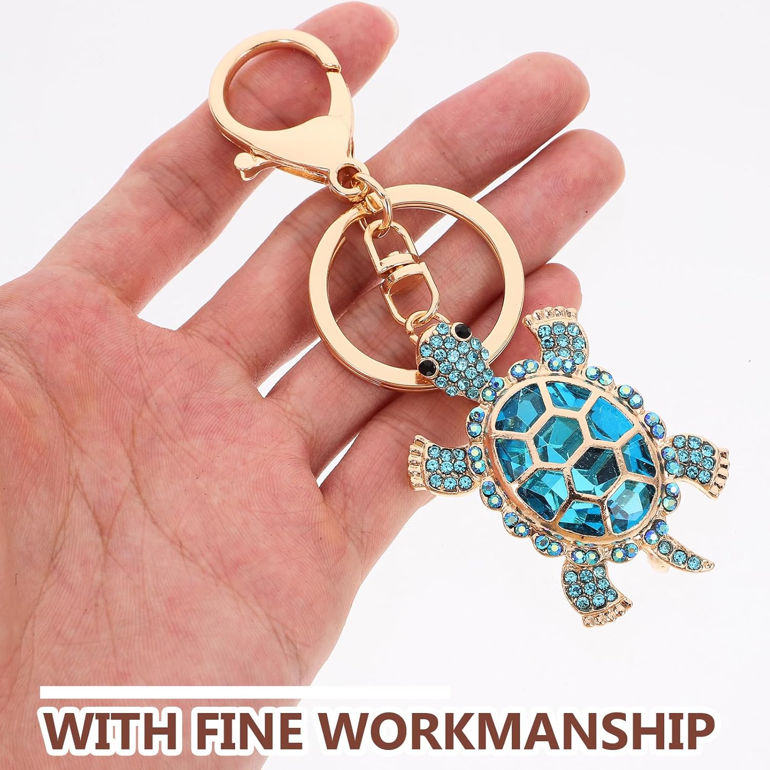 Blue Sea Turtle Keychain, 3D Sparkling Charm Rhinestones Metal Alloy Durable Key Ring - Image 2