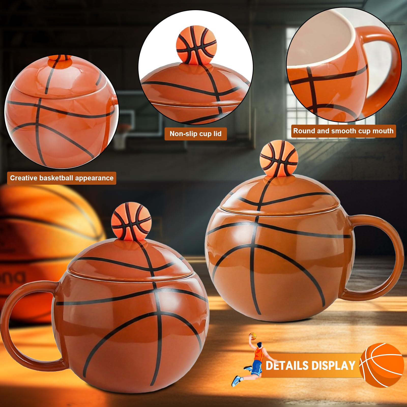 ZONSUSE Taza de Café Baloncesto, Divertida Taza Esférica, Mug Desayuno Creativa, Taza de Baloncesto con Tapa, Baloncesto Regalos Originales para Hombre Mujer Niño 420ml (Basketball A-Sin Cuchara)