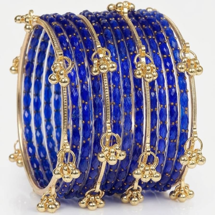 Image of JPS 16 Pcs Trendy Stylish Glass & Kashmiri Ghungroo Bangles Set for Women & Girls | Gold-Plated Traditional Festive Wedding Party Jewellery Chudi Set (12 Glass + 4 Metal)