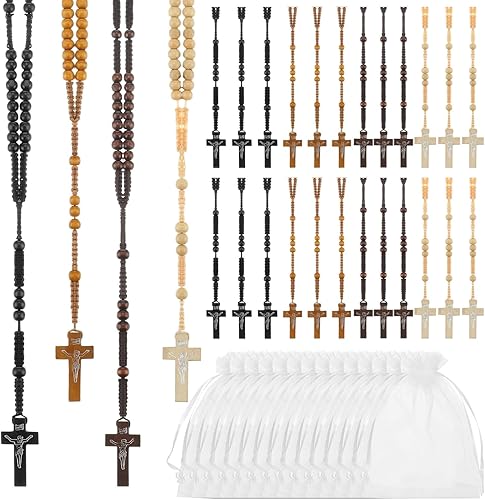 24 piezas de rosario de madera, rosario católico, cuentas talladas en madera con cruz de Jesús, rosario de primera comunión, a granel con bolsas de