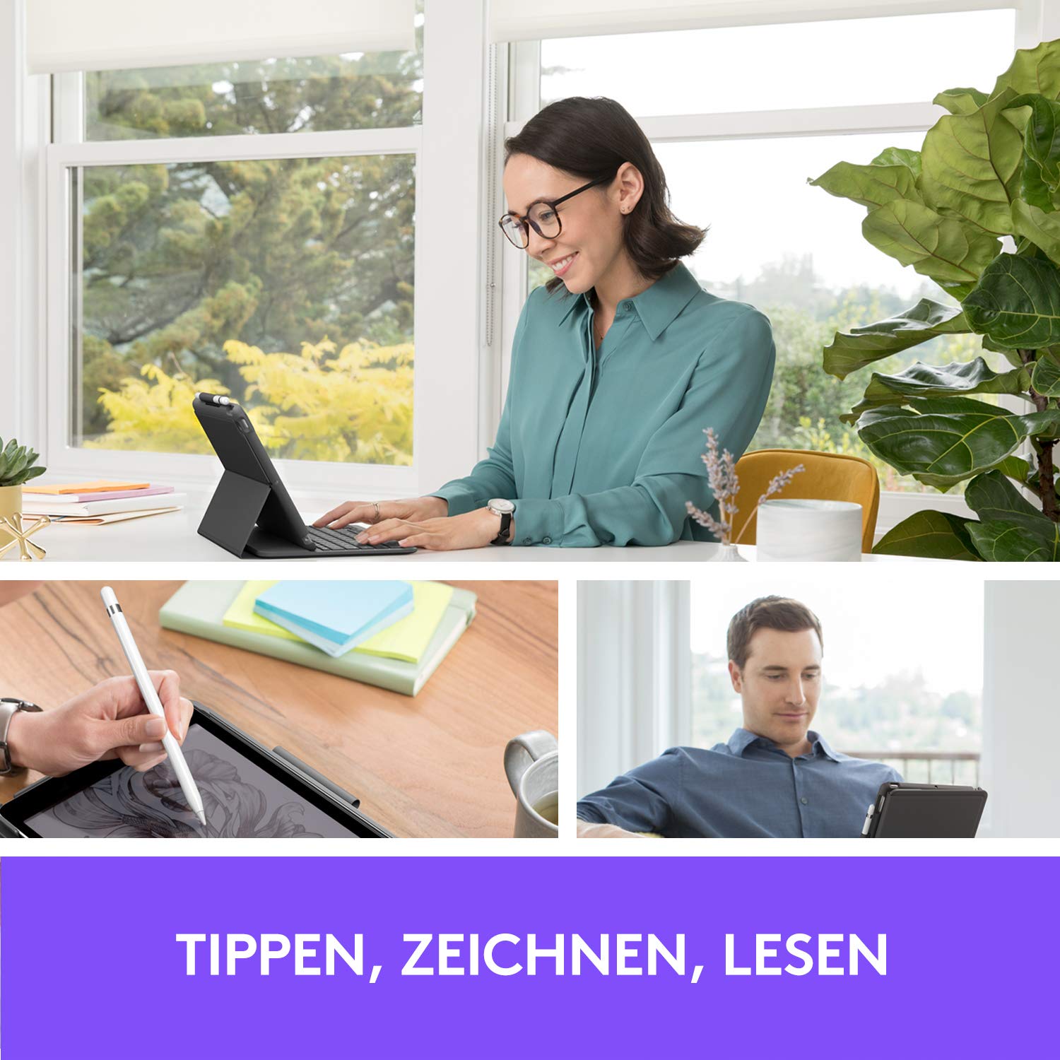 Logitech Slim Folio für iPad (7., 8. und 9. Generation) Tastatur-Case mit integrierter kabelloser Tastatur, Deutsches QWERTZ-Layout - Graphit